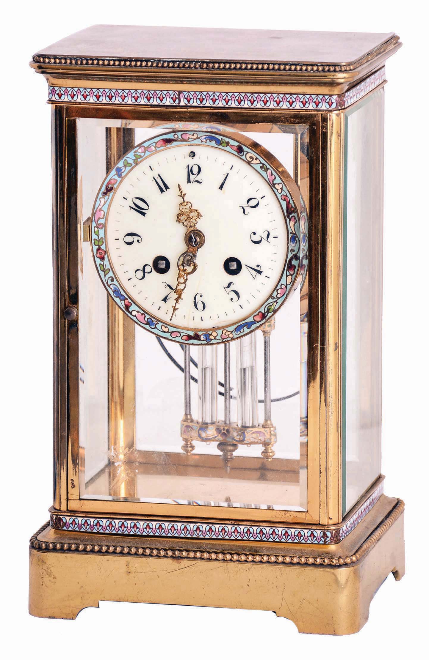 French, Marti &amp; Cie, 8 day, time and strike spring brass movement crystal regulator with enameled decoration. — Antique Clocks Price Guide