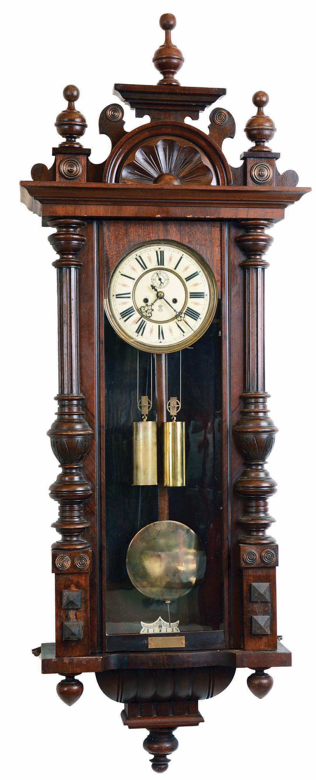 Clocks- 2 (Two) Vienna Regulator 2 Weight German Walnut Wall: Thomas Haller #11102 with multi- color dial; Gustav Becker #1882976, 1908 presentation plate — Antique Clocks Price Guide