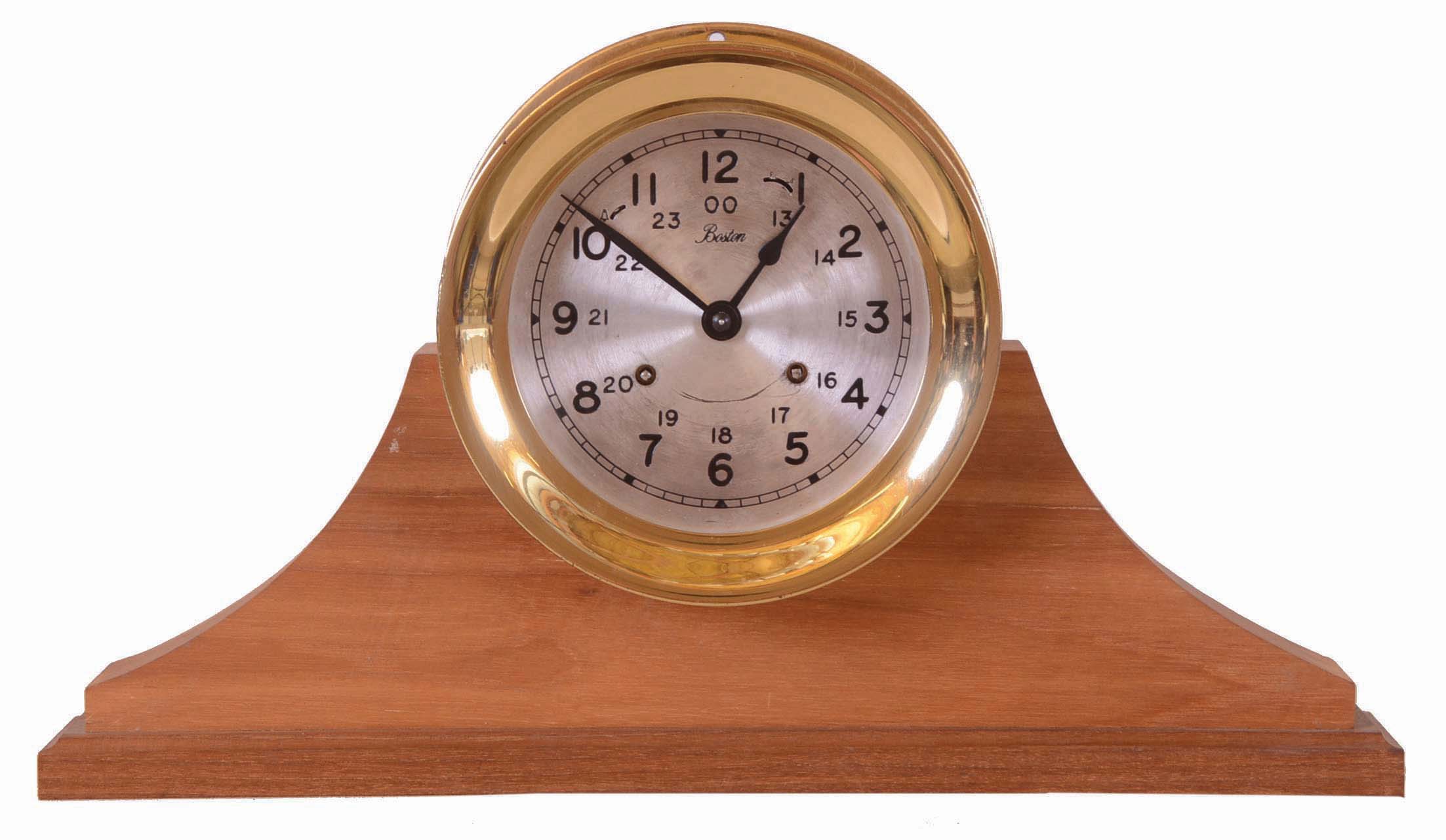 Chelsea Clock Co., Boston, Mass., "Boston Series", 8 days, time and strike spring brass lever movement ship's strike brass case clock. The "Boston", series of clocks were imported from the Hermle Corporation of Germany and offered at a much lower price. This continued until 1993 when the "Boston" line was dropped and incorporated it into the Chelsea product line. — Antique Clocks Price Guide
