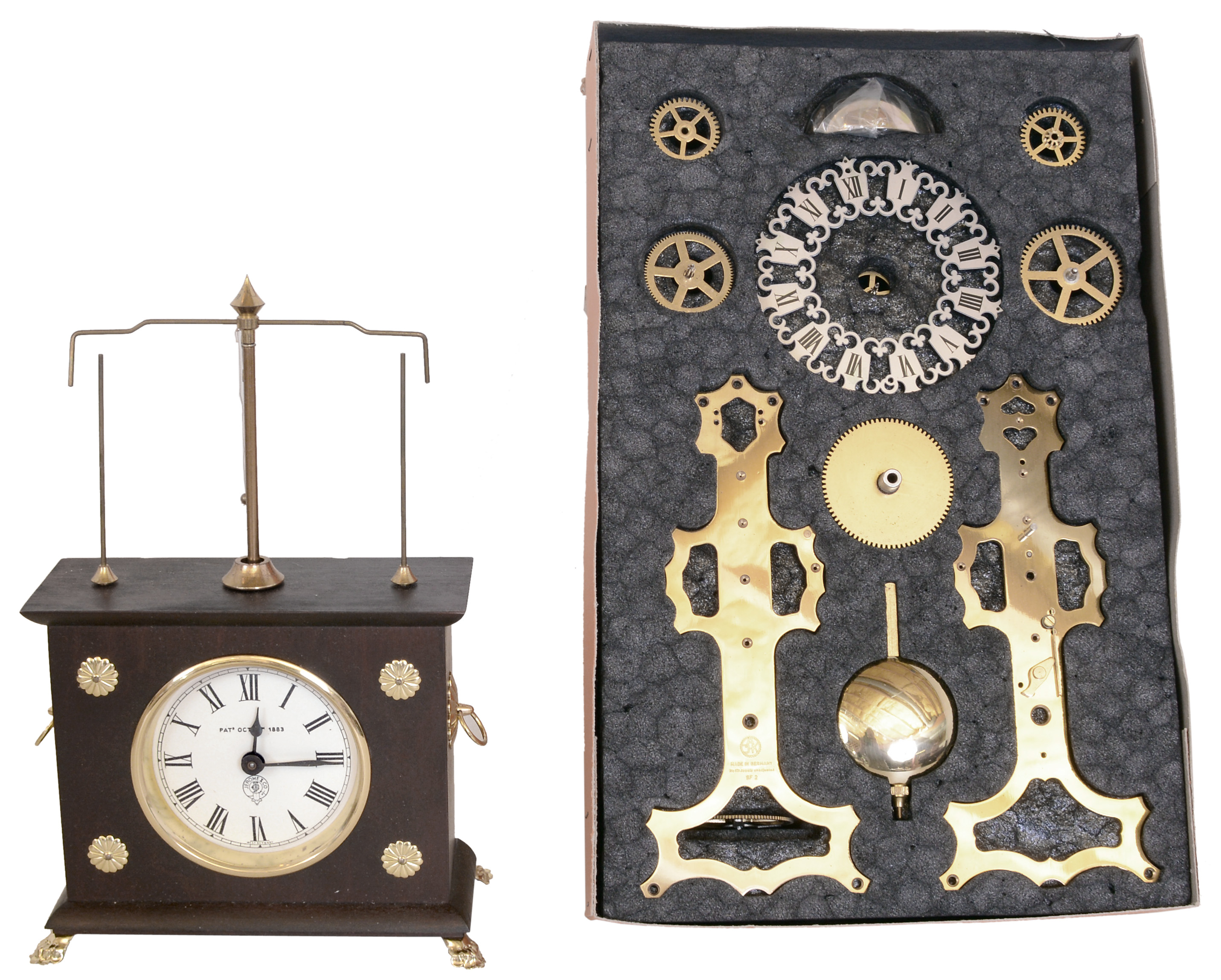 Clocks- 2 (Two) modern reproductions, new old stock- (1) The Horolovar Co., "Ignatz" novelty or "Crazy" clock and a Kieninger skeleton clock kit — Antique Clocks Price Guide