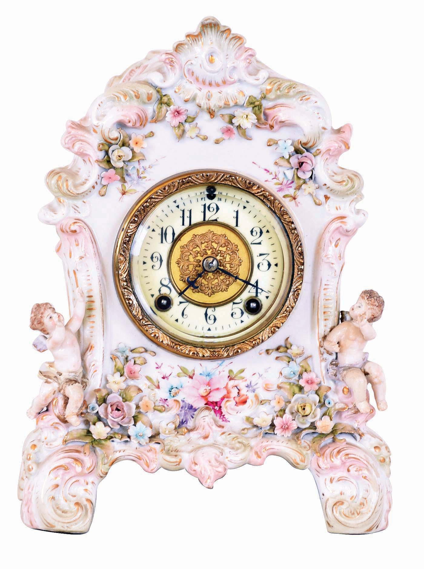 French porcelain 8 day time and strike figural mantel clock, with unsigned American movement and dial. — Antique Clocks Price Guide