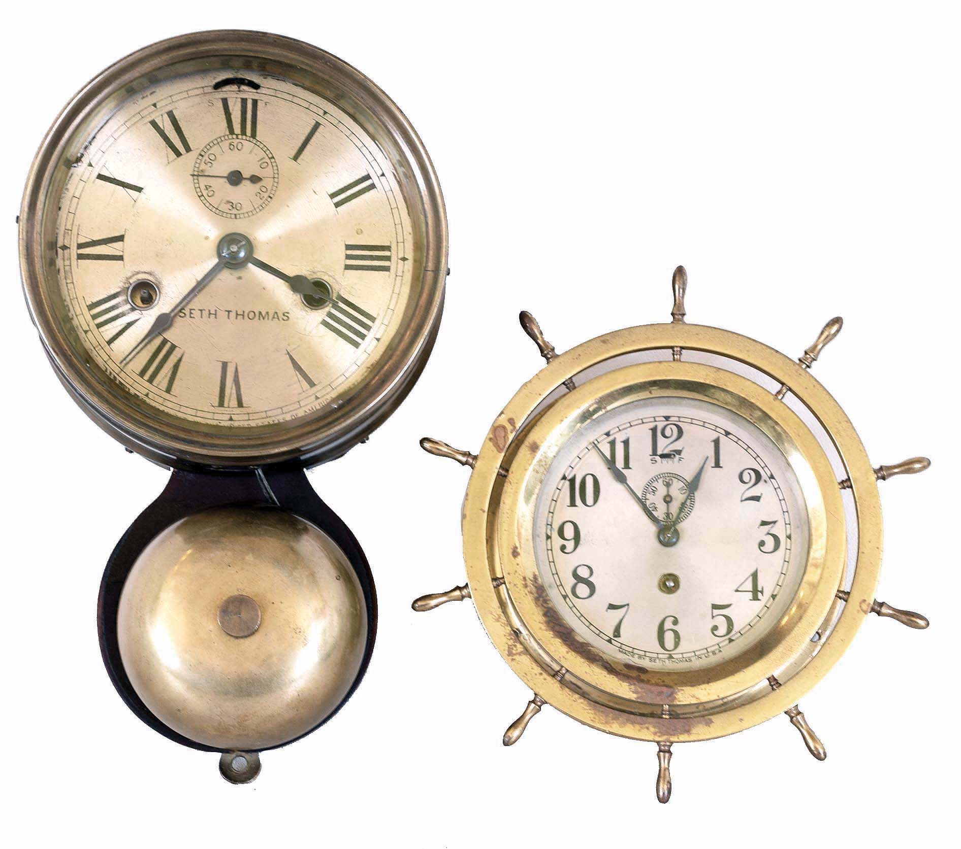 Clocks- 2 (Two) Seth Thomas brass case hanging marine clocks; 2 day outside bell ship's bells with rear paper label; 8 day "Mayflower"- style time only with yacht wheel screw bezel — Antique Clocks Price Guide