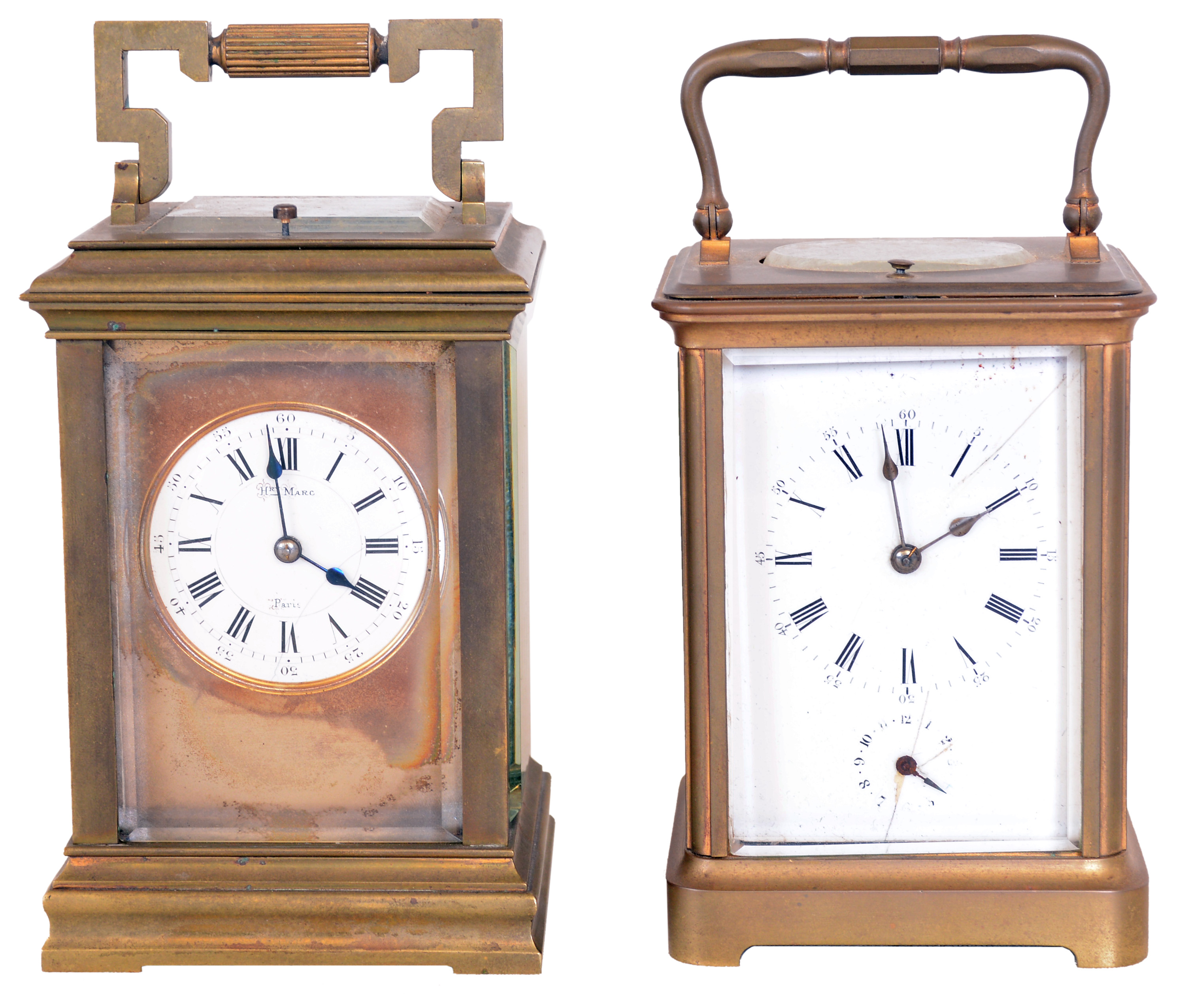 Clocks- 2 (Two) French repeating carriage clocks, 8 day, time and strike; one with alarm and the other in Anglais case signed "Hry Marc Paris" — Antique Clocks Price Guide