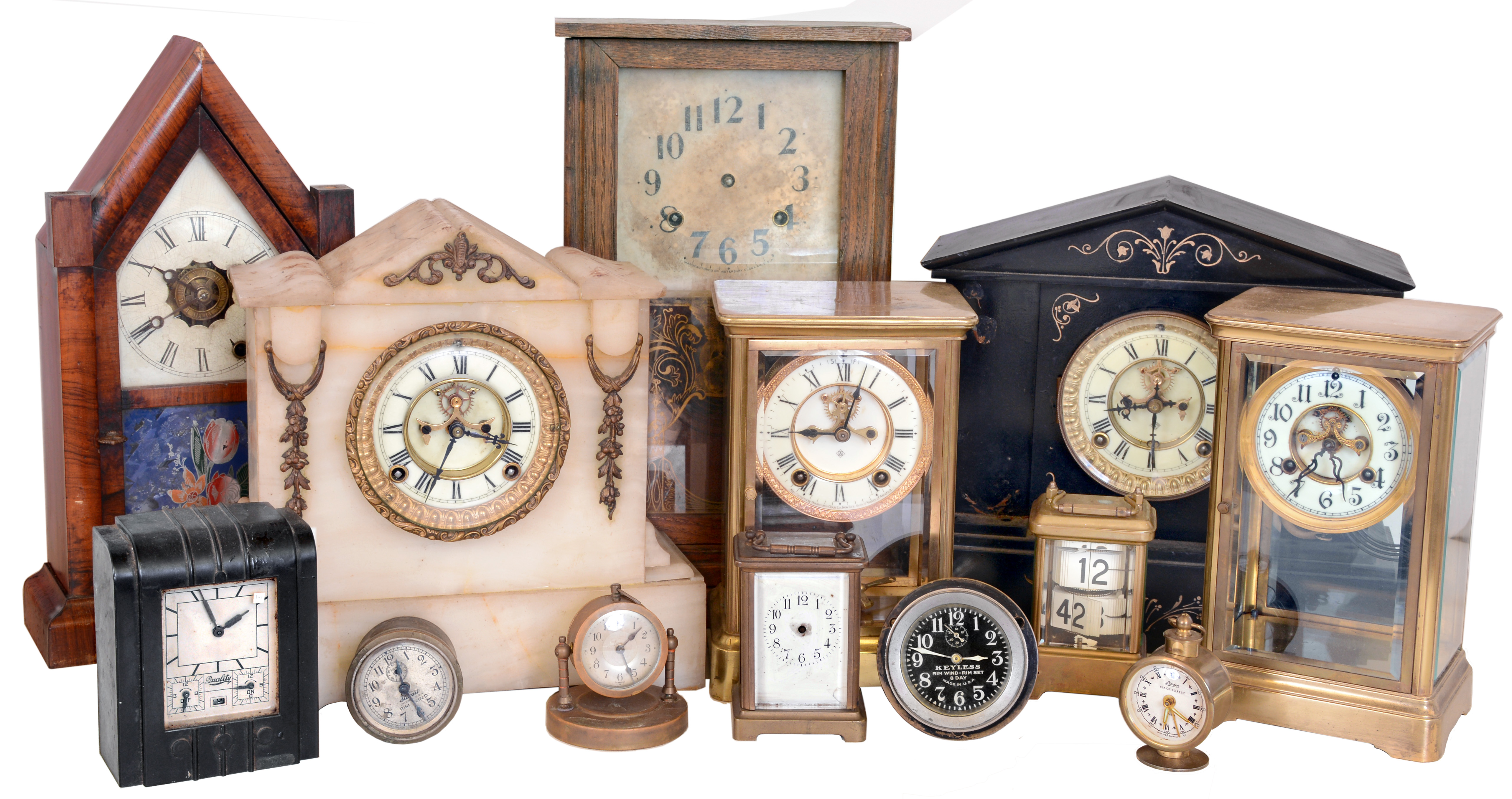 Clocks- 29 (Twenty- nine) American and European including three crystal regulators, several Ansonia, modern reproductions, car clocks, electric clocks, steeple clock, cottage clocks, etc — Antique Clocks Price Guide
