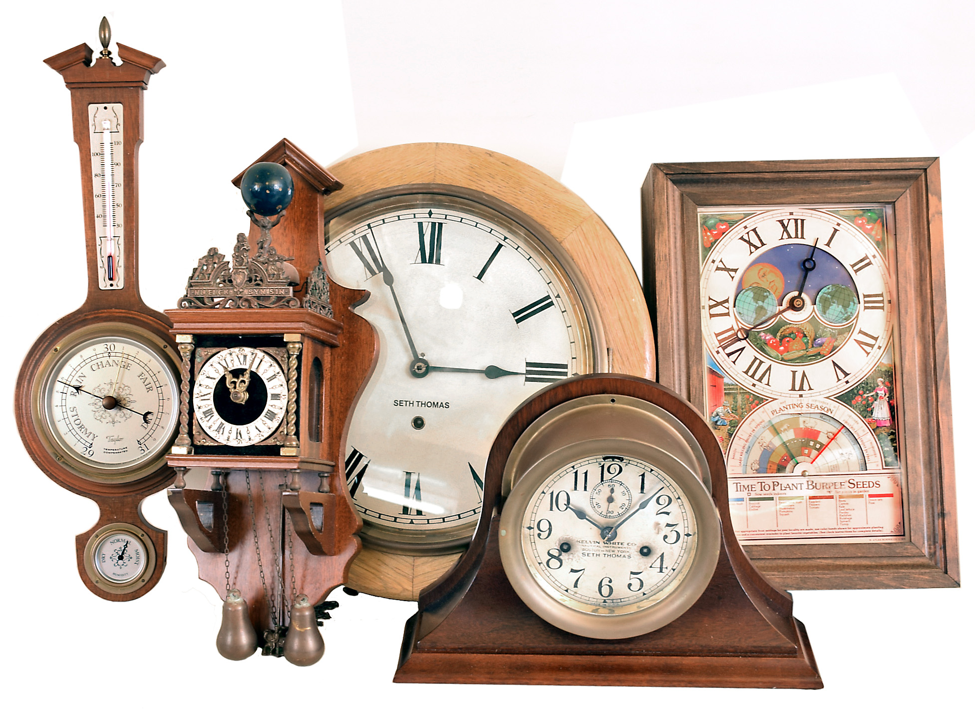 Clocks- 4 (Four) plus barometer / thermometer: Seth Thomas 8 day time only wood gallery clock; Seth Thomas, for Kelvin White, 30 hour brass ship's- bells marine clock on newer mahogany cradle; small modern time and strike German Zaandam two weight wall clock; Taylor weather instruments on mahogany wall mount; "Time to Plant" Burpee Seeds plug- in electric shelf clock — Antique Clocks Price Guide