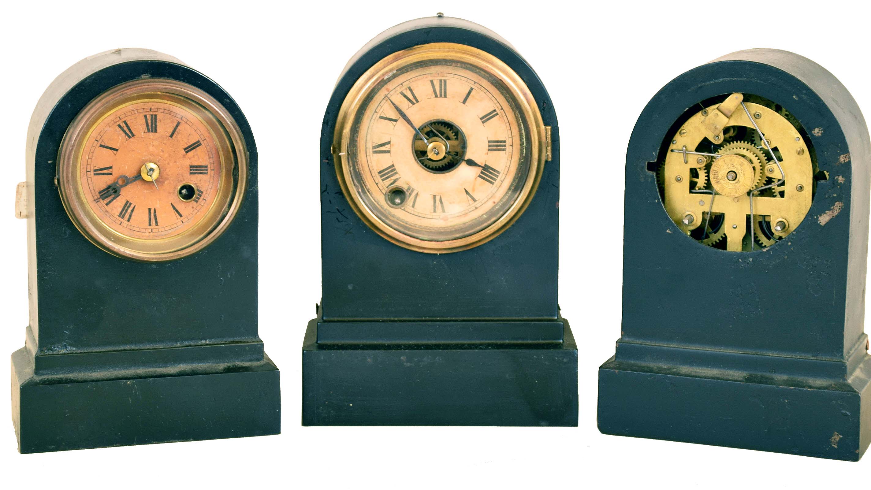 Clocks- 3 (Three): (1) Terry Clock Co., Waterbury, Conn., cast iron shelf clock with an 8 day spring driven timepiece movement, c1875; (2) Terry Clock Co, Waterbury, Conn., cast iron shelf clock with a 30 hour spring driven timepiece movement, c1875; (3) Terry Clock Co, Waterbury, Conn., cast iron shelf clock with a 30 hour spring driven time, strike and alarm movement, c1875. — Antique Clocks Price Guide