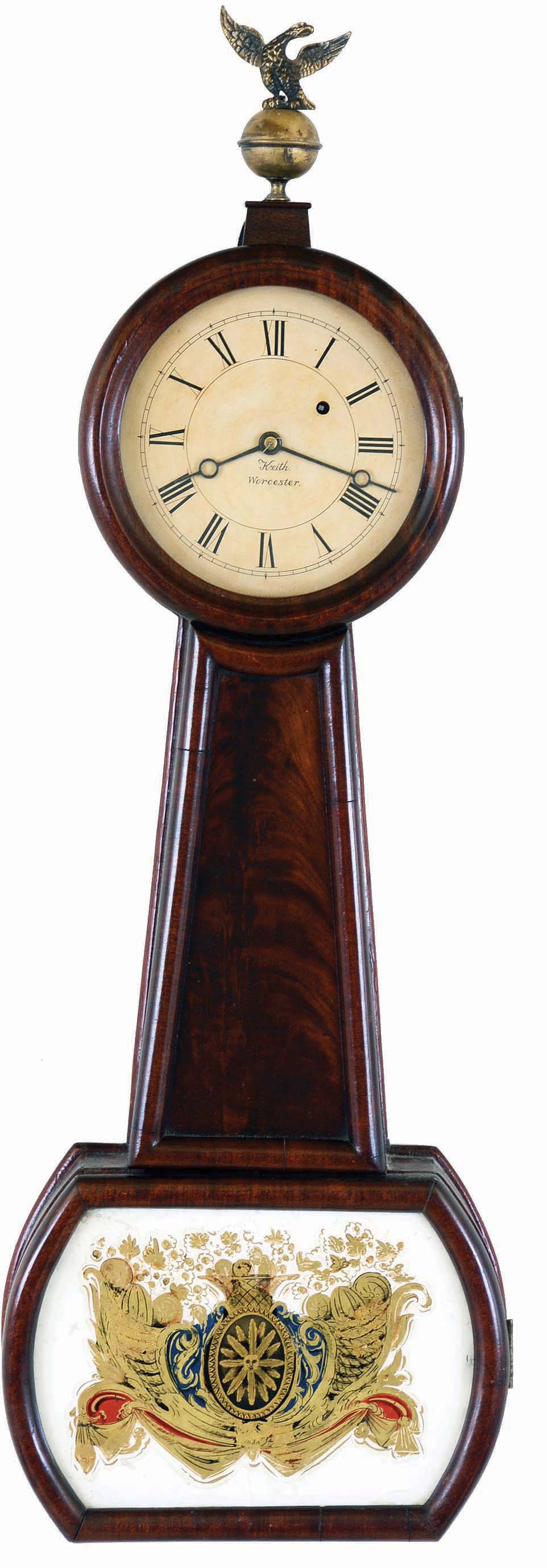 Massachusetts, 8 day, weight brass movement Patent or Banjo timepiece. The dial is signed "Keith Worcester". We did not find this name in any of our sources and was most likely added when the dial was repainted. — Antique Clocks Price Guide