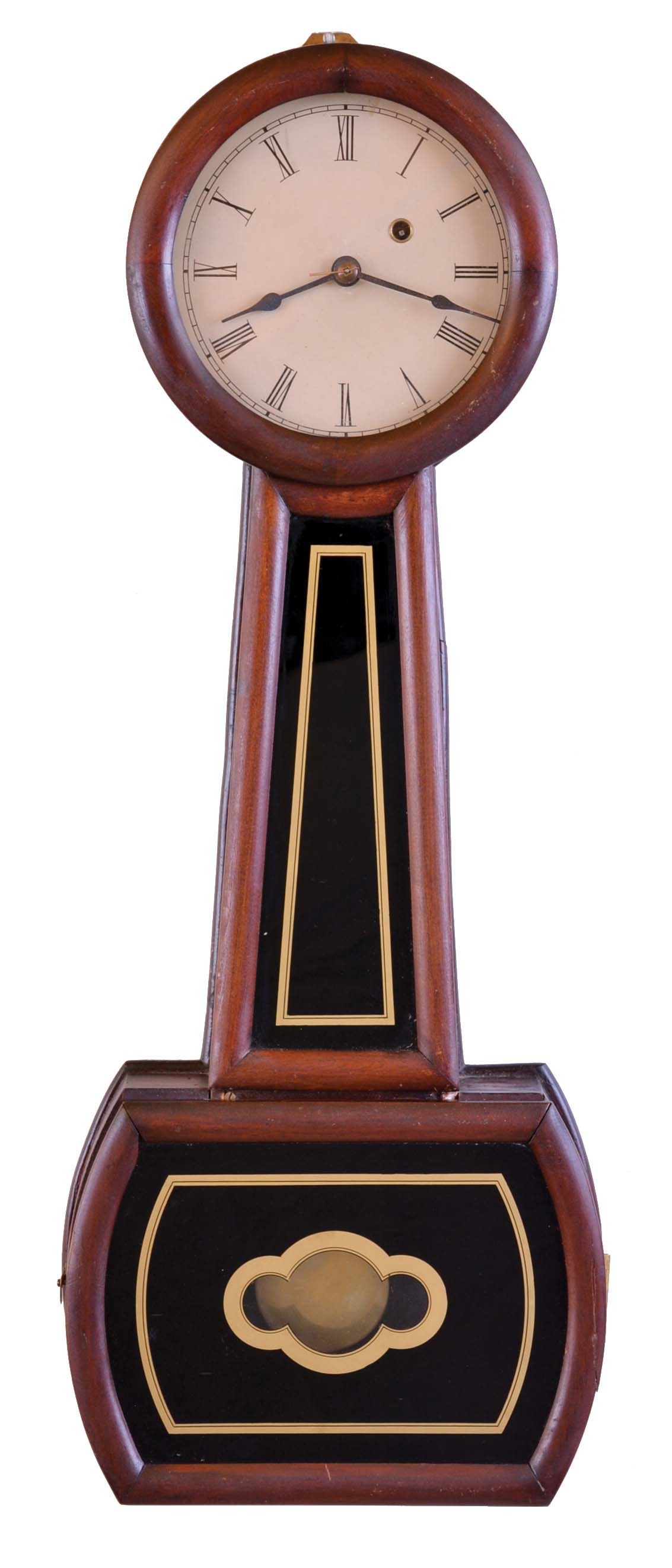 Attleboro, Mass., style banjo wall clock, 8 day, time only weight driven movement in a mahogany case with reverse painted tablets and painted metal dial — Antique Clocks Price Guide