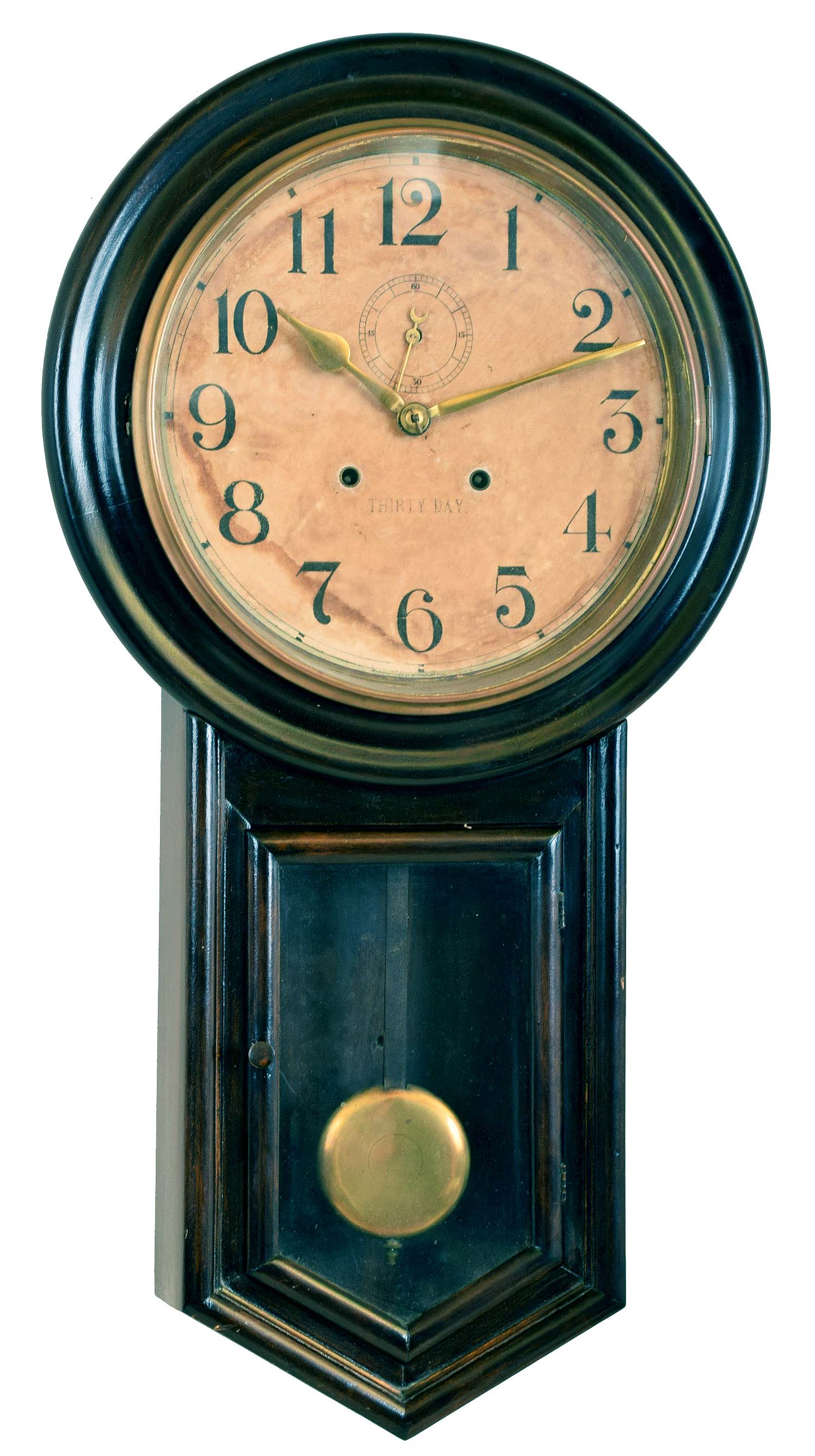 Clocks- 2 (Two): (1) Anglo American wall clock with an 8 day time &amp; strike spring driven movement in a wooden case with marquetry design, c1885; (2) Waterbury Clock Co., Waterbury, CT "Admiral" wall hanging clock with a 30 day timepiece movement, c1927. — Antique Clocks Price Guide