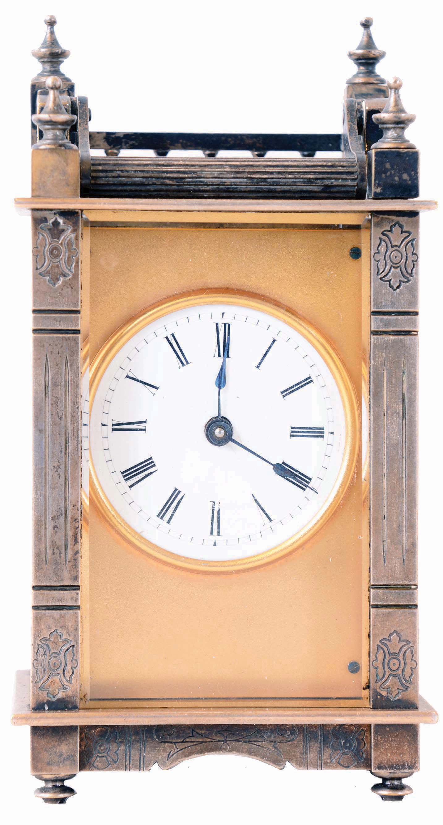 Boston Clock Co., Boston, Mass., "Queen Anne" model carriage clock, silvered brass case, Roman numeral white enamel dial with gilt mask, 8 day timepiece movement — Antique Clocks Price Guide
