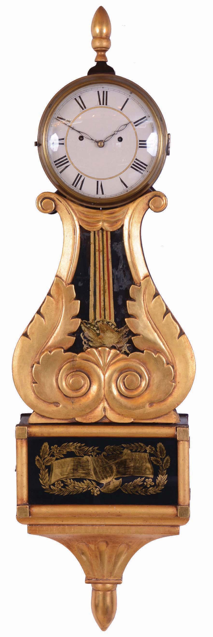 Unsigned New Hampshire or Massachusetts Lyre Banjo hanging clock with a weight driven 8 day time and strike movement in a mahogany and gilt case. — Antique Clocks Price Guide