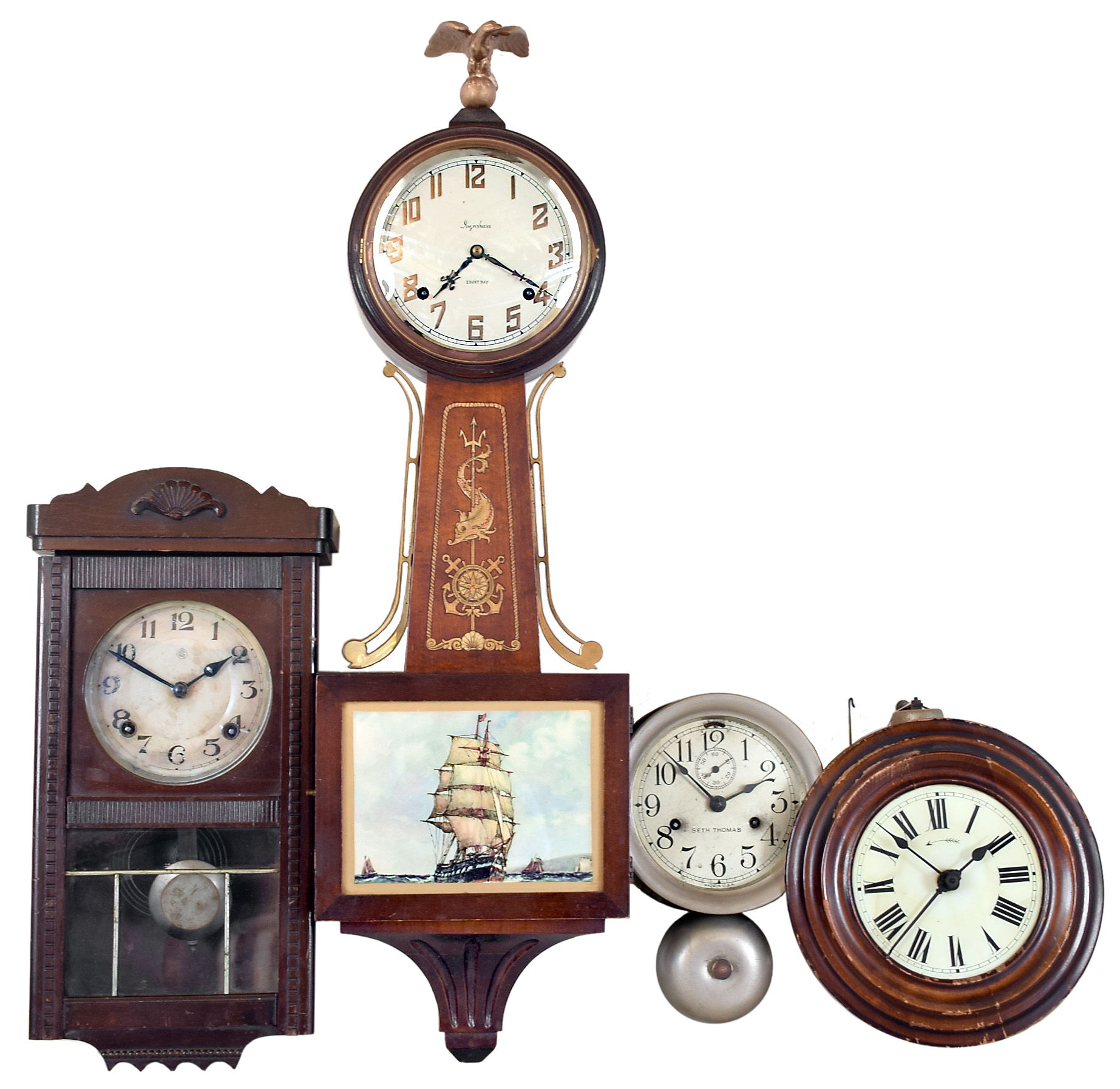 Clocks- 4 (Four) hanging wall clocks: Ingraham "Yankee Clipper" 8 day time and strike banjo, c. 1925; Seth Thomas outside- bell 30- hour nickel plated ship's bell clock; "AC" German time and strike 8 day box clock; German Black Forest time and alarm 30 hour weight driven — Antique Clocks Price Guide