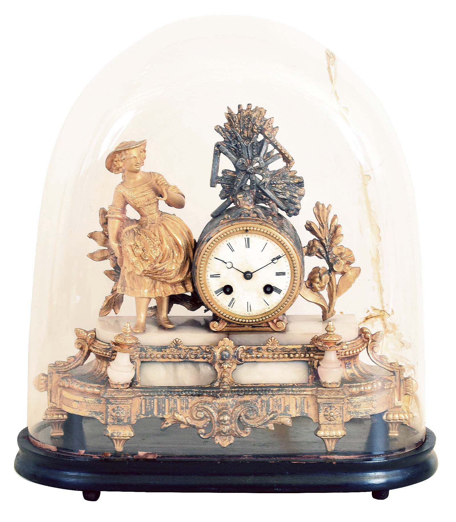 Clocks- 4 (Four) time and strike mantel and shelf clocks: Seth Thomas "Metals No.5" oak 8 day kitchen clock, c. 1905; Waterbury "Clayton" oak 8 day kitchen clock, c. 1900; Gilbert Mfg. Co. 30 hour mahogany veneer OG, c. 1870; French gilt- spelter and white alabaster marble figural 8 day mantel clock on ebonized wood base under glass dome, Marti "Medaille D'Honneur" bell- strike movement, c. 1900. — Antique Clocks Price Guide