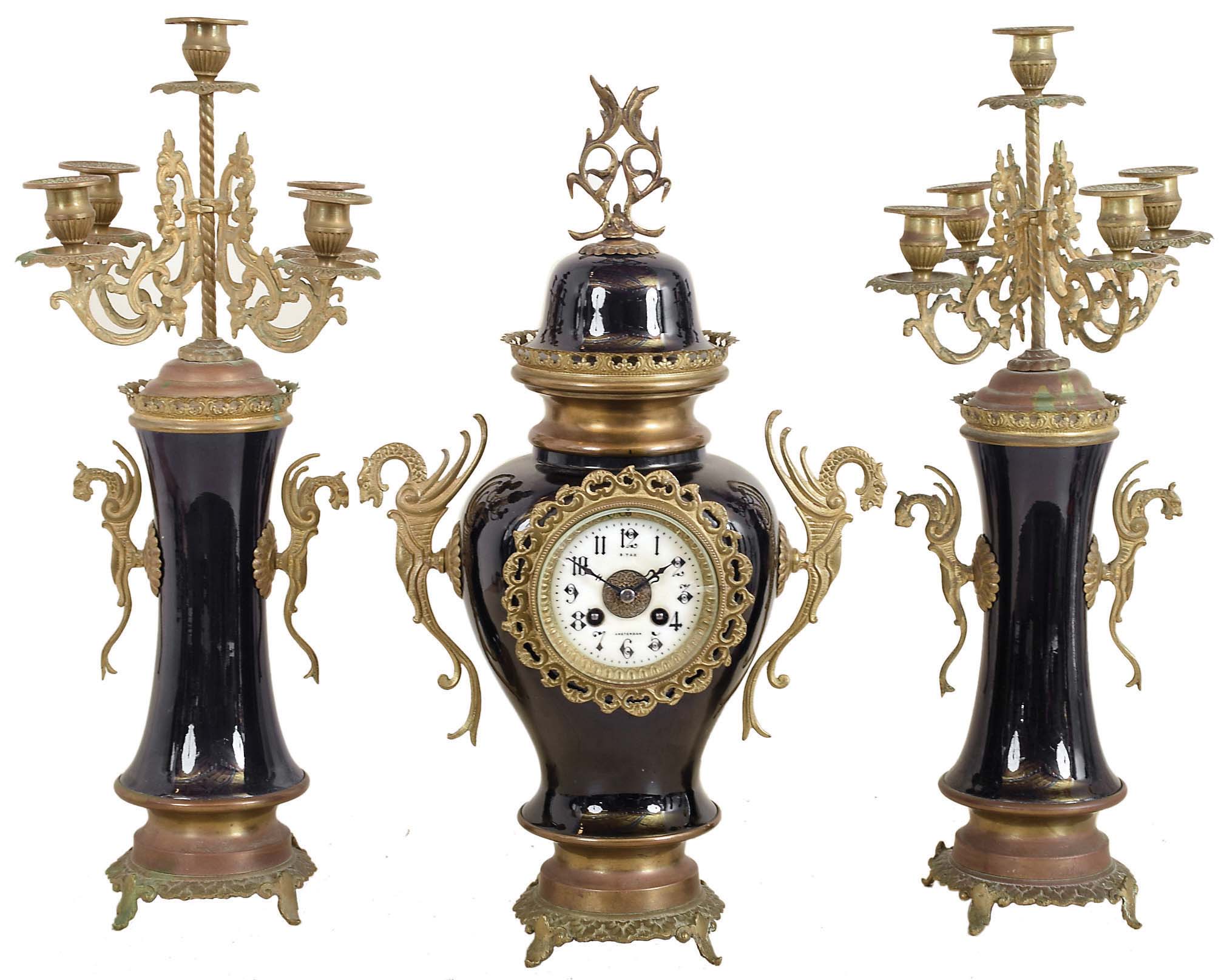 French blue porcelain ginger jar 8 day time and strike mantel clock with pair of matching candelabra Japy Freres Medaille D'Honneur movement with countwheel bell striking, dial signed "B. Tax, Amsterdam" — Antique Clocks Price Guide