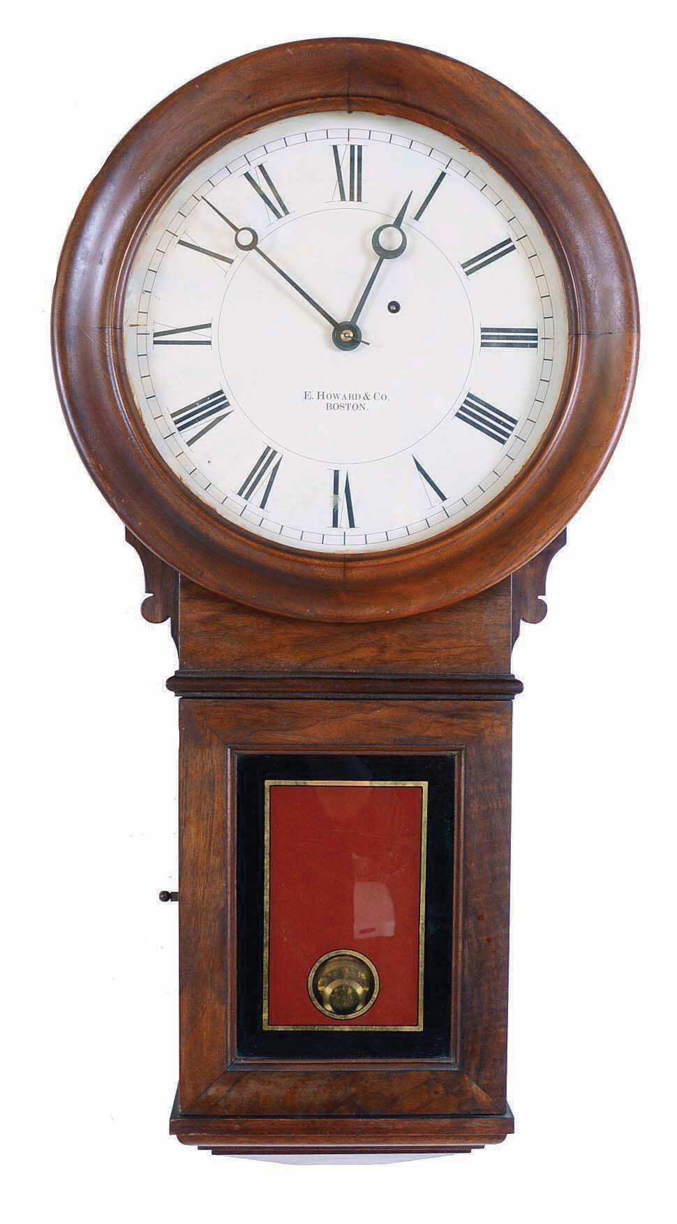 E. Howard &amp; Co., Boston, Mass., "Regulator No. 70" wall hanging clock with a weight driven 8 day timepiece movement in a walnut case. — Antique Clocks Price Guide