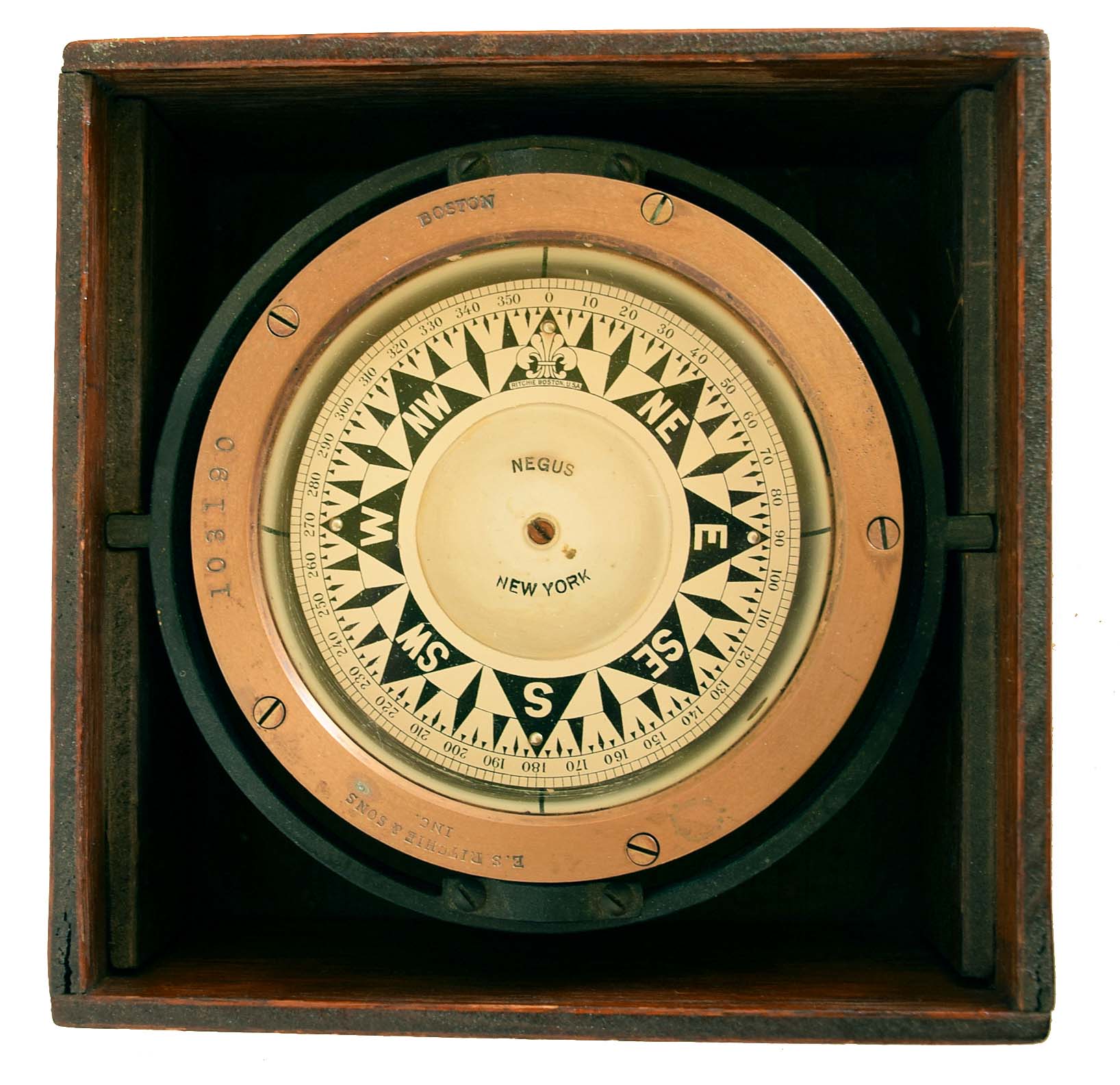 Clocks and Compass- 6 (Six) brass case marine instruments: Negus / Ritchie Boston antique boxed gimbaled ship compass; Roth Bros, New York, 8 day timepiece with signed black dial and 7 jewel LeCoulture movement; Chelsea / Boston quartz tide clock; Elgin 8 day ship's bells clock with German movement; Vetus Holland ship's bells movement with German movement; Airguide ship's bells with German movement; — Antique Clocks Price Guide