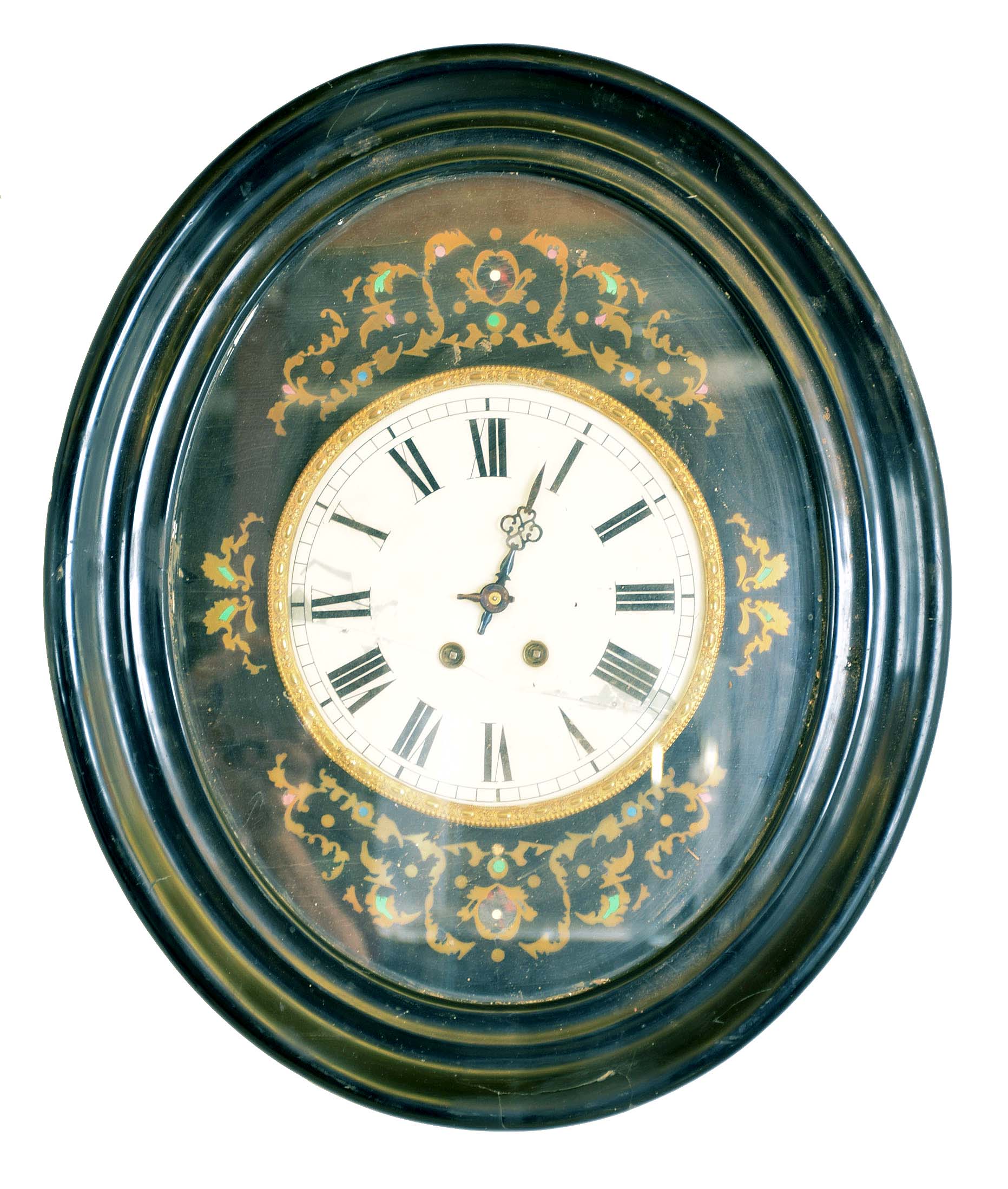 Clocks- 6 (Six) wall hanging: (1) Time only Vienna regulator in walnut case, c1890; (2) German chiming spring driven box clock, c1960; (3) partial German time and strike spring driven, c1900; (4) French baker's clock, c1890; (5) German time and strike spring driven box clock, c1910; (6) German chiming spring driven box clock, c1930 — Antique Clocks Price Guide