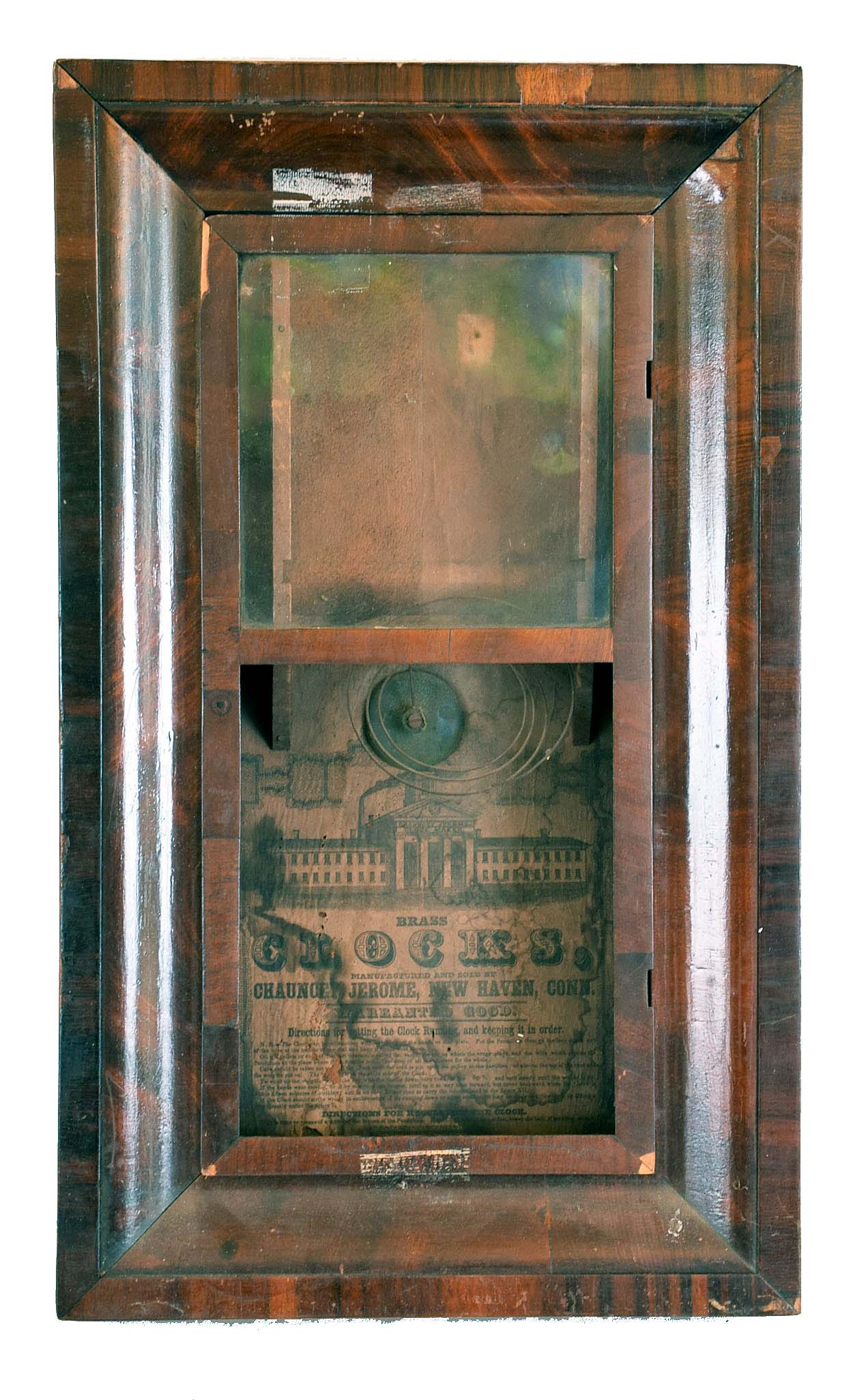 Clocks- 6 (Six): (1) Chauncey Jerome, New Haven, Conn. OG case only, c. 1850. (2) Gilbert pillar &amp; scroll, case only, c. 1915. (3) Chauncey Jerome, Bristol, Conn, OG case only, c. 1840; (4) Unmarked half column and splat transition clock with a weight driven 30 hour time and strike movement in a mahogany case. (5) Southern Clock Co., Andersonville, SC, OG shelf clock with a spring driven 30 hour time and strike movement in a rosewood veneered case. (6) Riley Whiting, Winchester, Conn. carved half column and splat transition clock with a weight driven 30 hour time and strike movement in a mahogany case. — Antique Clocks Price Guide