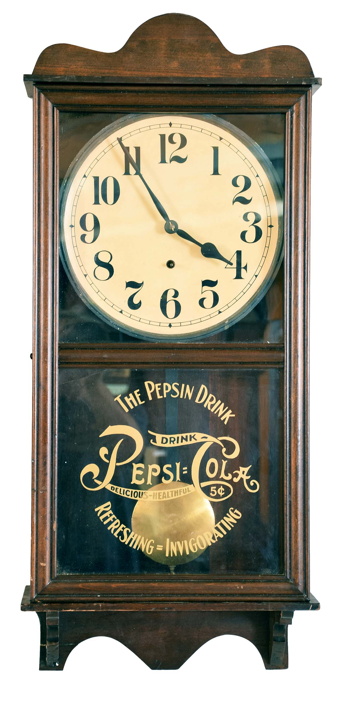 Clocks- 9 (Nine) wall hanging: (1) Standard Electric slave clock with quartz movement; (2) Sessions drop octagon time only; (3) Regulator case with spring driven movement; (4) Dial clock with Connecticut movement; (5) French baker's clock; (6) Ingraham time only store regulator with calendar; (7) New Haven time and strike store regulator; (8) New Haven time only store regulator; (9) Unsigned store regulator with new Pepsi stencil on glass — Antique Clocks Price Guide