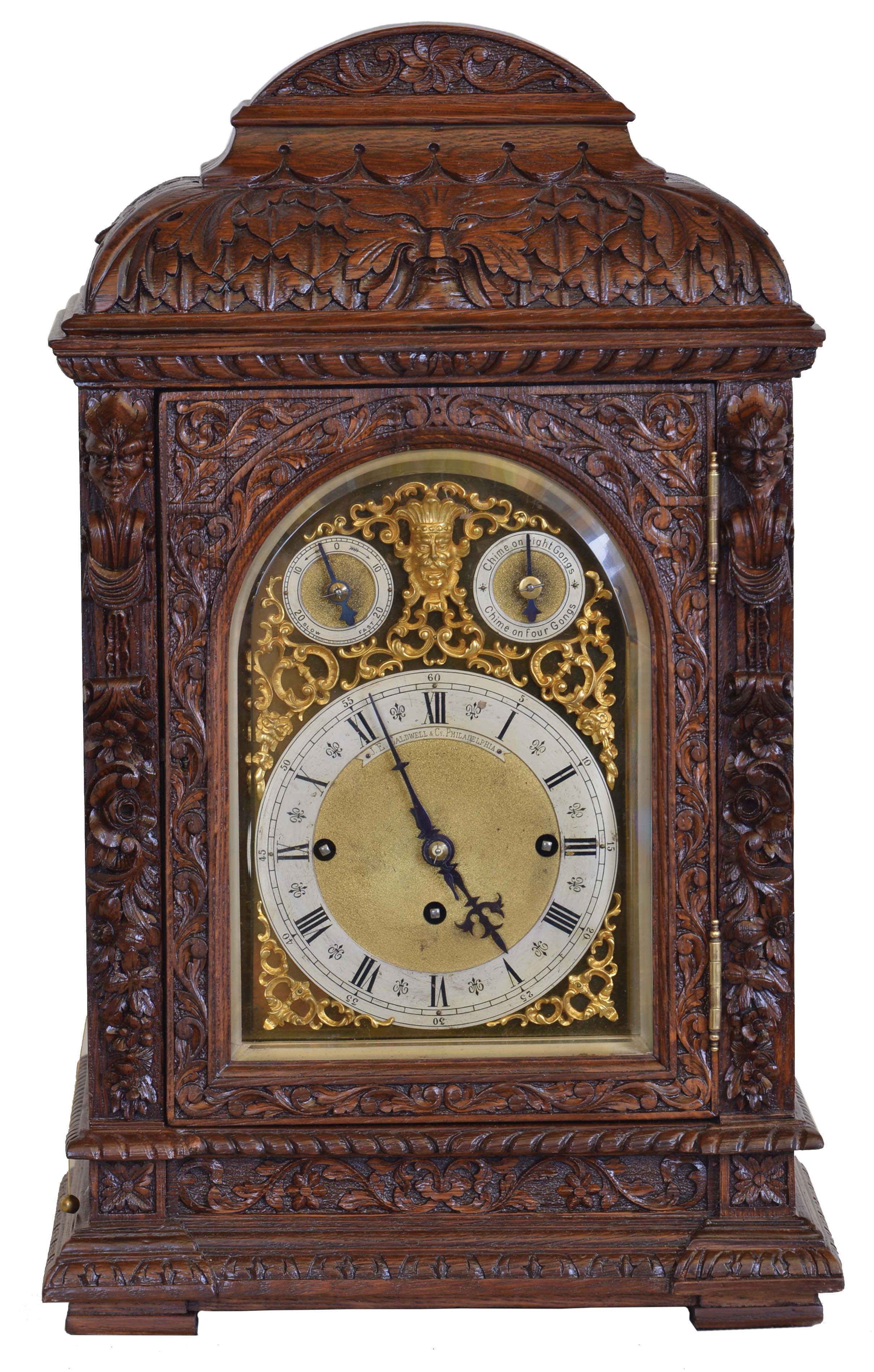 Winterhalder &amp; Hofmeier, Germany, for J.E Caldwell &amp; Co., Philadelphia, a large three train bracket clock, the oak case richly ornamented with low and high relief carving, door with beveled glass, composite dial with Roman numeral chapter ring, matted center, gilt baroque spandrels, and with rating and chime selection dials in the arch, blued steel hands, 8 day, three train fusee movement chiming on four or eight gongs at the quarters, the fourth quarter also with hour striking, and with grand sonnerie repeating on demand — Antique Clocks Price Guide