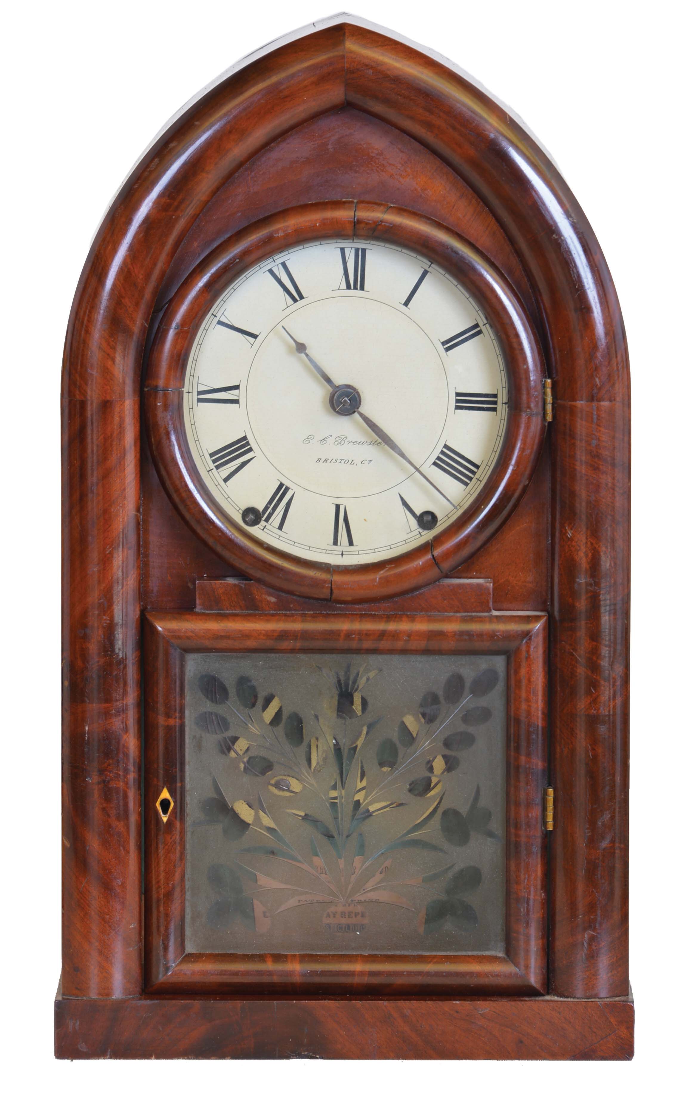 E.C. Brewster &amp; Co., Bristol, Conn., 8 day, time and strike Kirk's patent iron backplate spring brass and iron movement round Gothic or beehive clock. — Antique Clocks Price Guide
