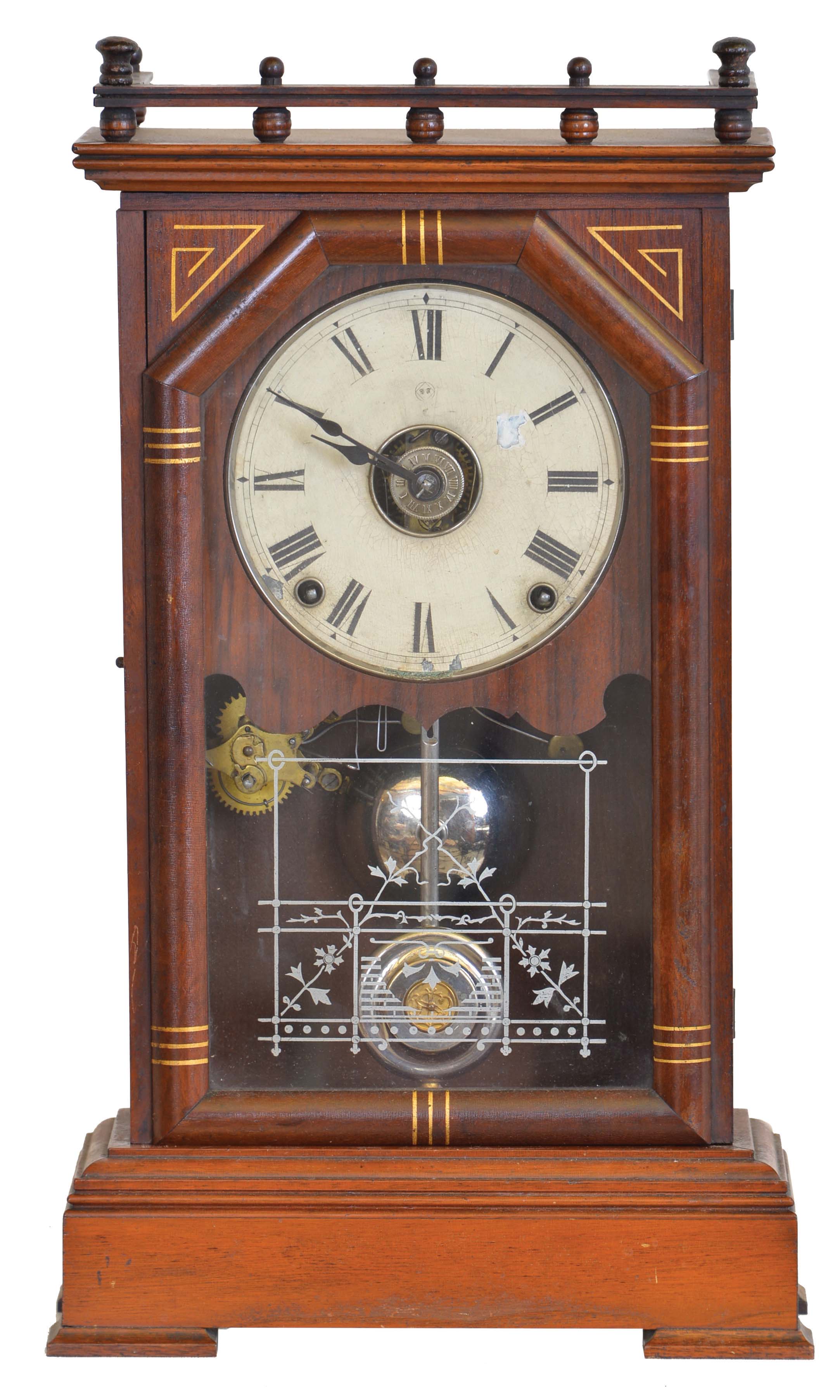 Clocks- 2 (Two) (1) Seth Thomas Clock Co., Thomaston, Conn., "Omaha" shelf clock with an 8 day spring driven time, strike and alarm lyre movement in a cherry case, c1885. (2) Seth Thomas Clock Co., Thomaston, Conn. "Cordova" shelf clock with a 15 day spring driven time &amp; strike movement in a mahogany case, c1900. — Antique Clocks Price Guide