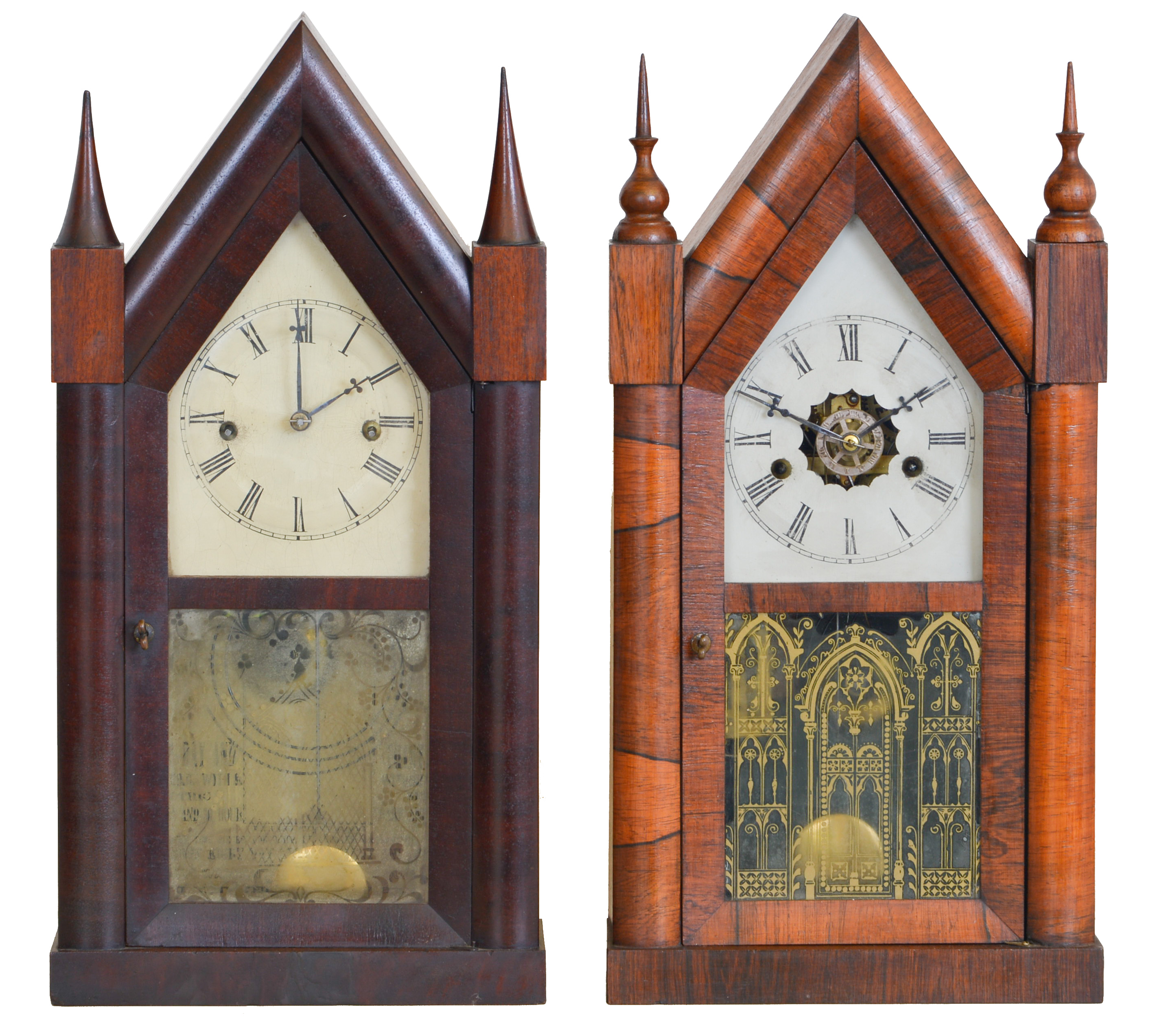 Clocks- 2 (Two): (1) Chauncey Jerome, New Haven, Conn., 30 hour, time and strike spring brass movement Sharp Gothic or Steeple Clock, c. 1850. (2) New Haven Clock Co., New Haven, Conn., 30 hour, time, strike and alarm spring brass movement Sharp Gothic or Steeple clock, c1865 — Antique Clocks Price Guide