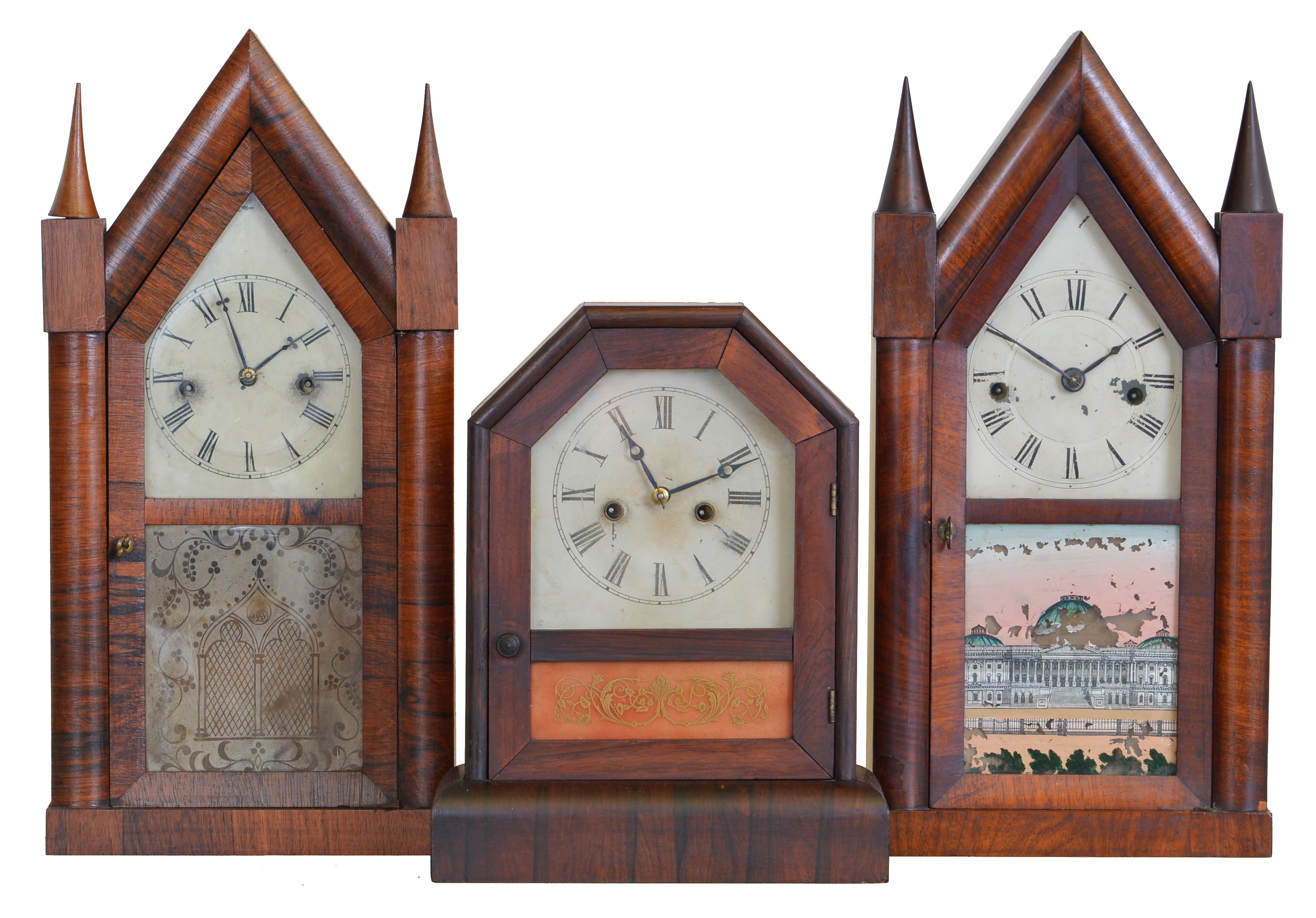 Clocks- 3 (Three): (1) Terry &amp; Andrews, Bristol, Conn., 30 hour, time and strike spring brass movement Sharp Gothic or Steeple clock, c1850 (2) Chauncey Jerome, New Haven, Conn. 30 hour, time and strike spring brass movement Sharp Gothic or Steeple Clock, c1850 (3) Jerome &amp; Co., New Haven, Conn., 30 hour, time and strike spring brass movement octagon top cottage clock, c1865 — Antique Clocks Price Guide