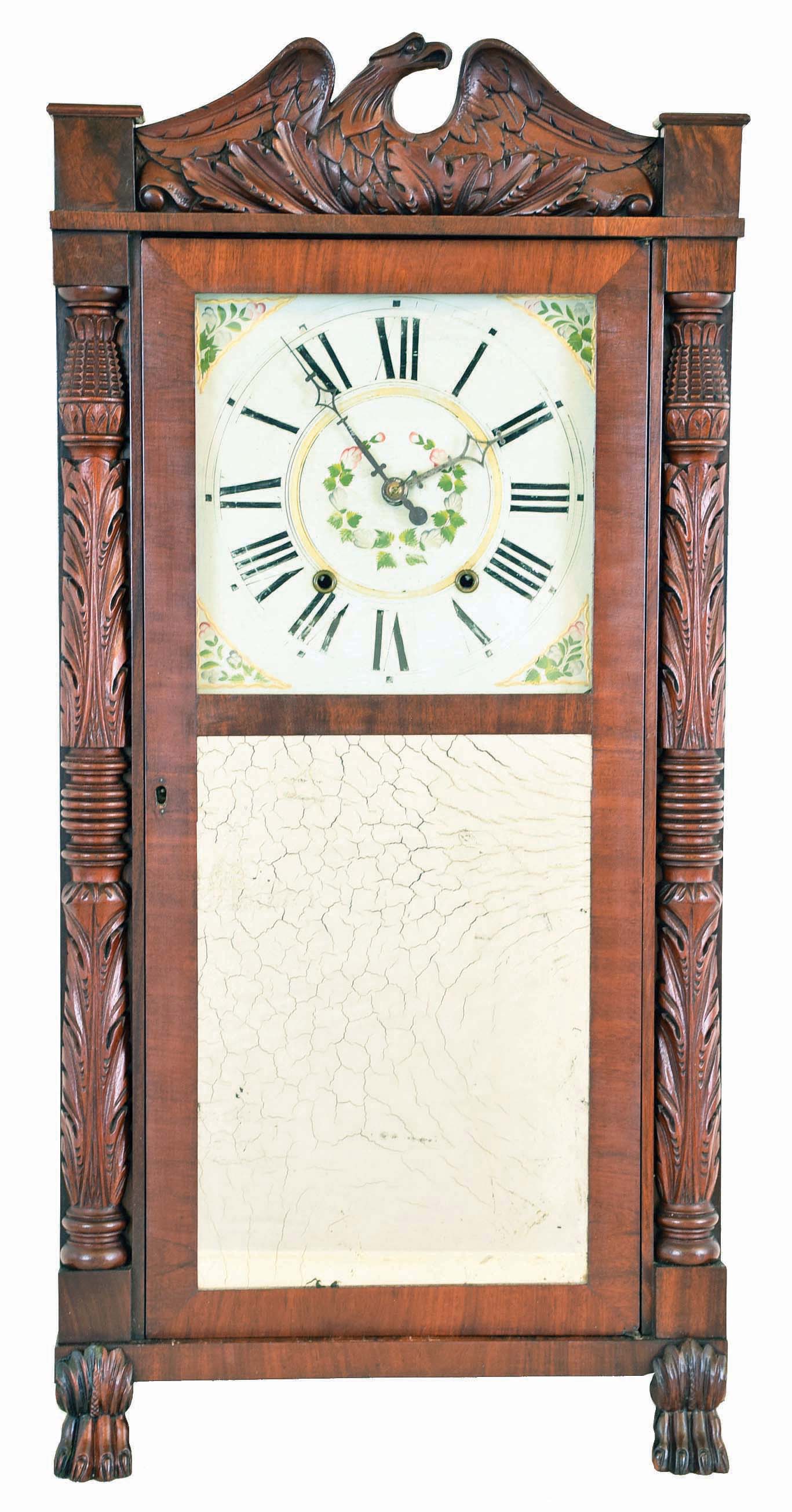 Seymour, Hall &amp; Co., Unionville, Conn., 30 hour, time and strike weight wood movement carved column &amp; splat shelf clock. — Antique Clocks Price Guide