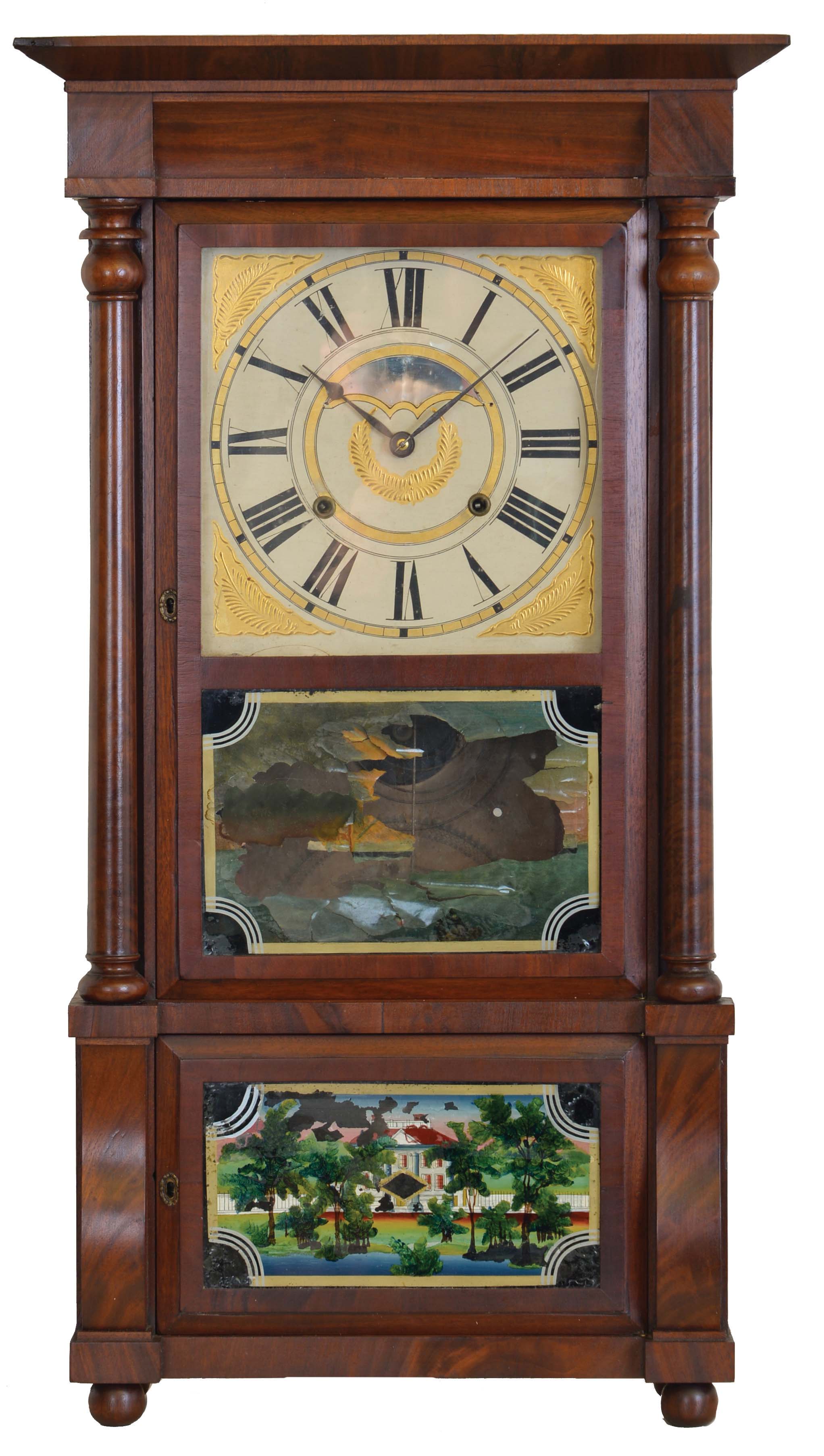 Birge, Mallory &amp; Co., Bristol, Conn., 8 day, time and strike weight brass movement column &amp; cornice shelf clock. — Antique Clocks Price Guide