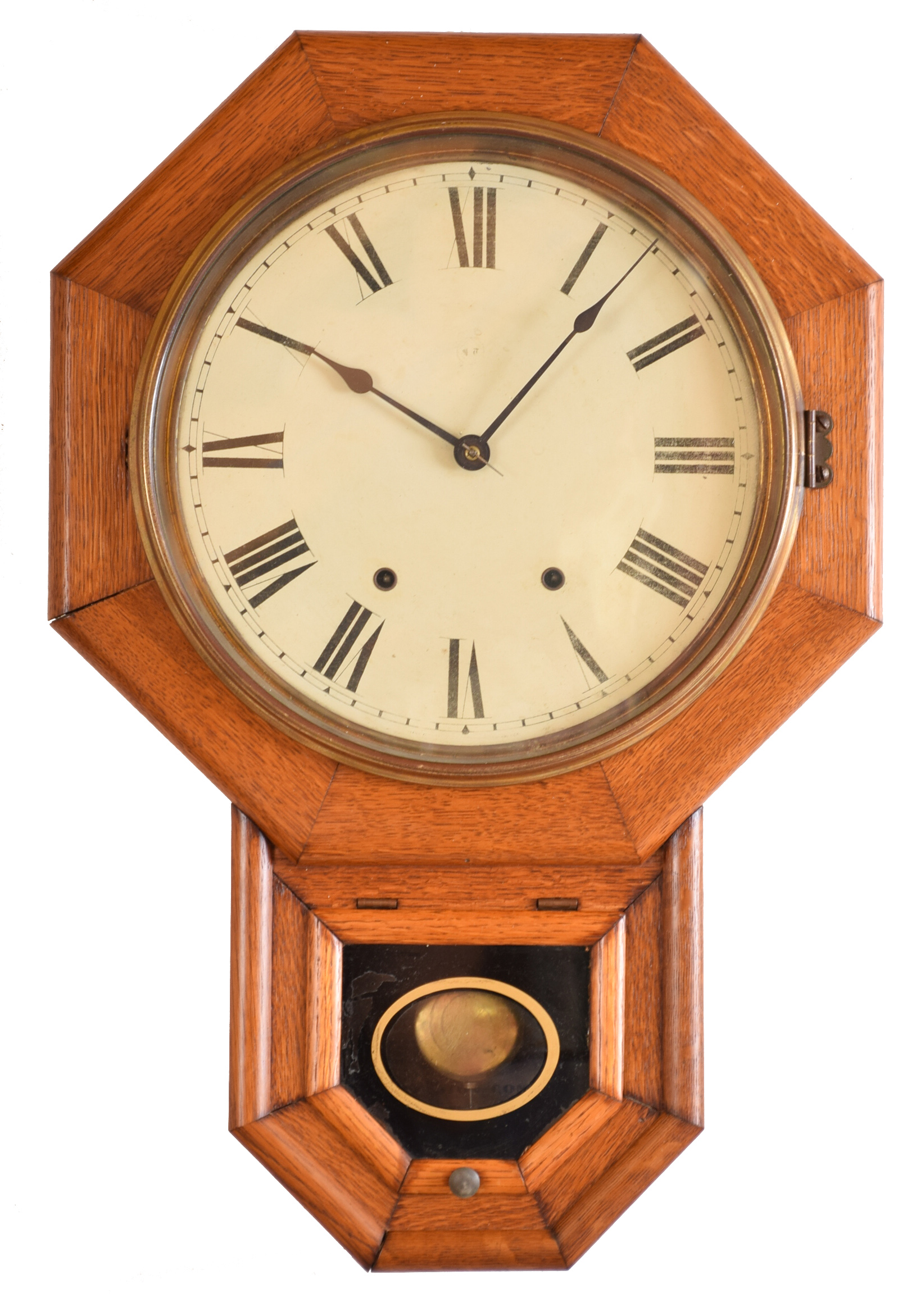 Clocks- 2 (Two): (1) Seth Thomas Clock Co., Thomaston, Conn., "Drop Octagon 12 Inch", 8 day, time and strike spring brass movement wall clock, c1900 (2) New Haven Clock Co., New Haven, Conn., "Drop Octagon, R.C.", 8day, spring brass movement wall timepiece, c1880 — Antique Clocks Price Guide