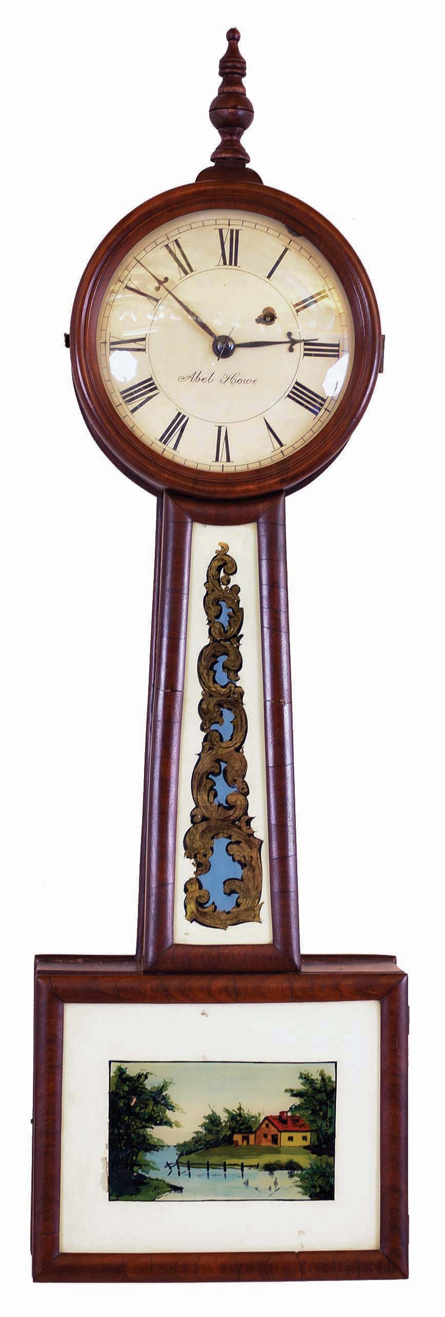 Massachusetts 8 day, weight brass movement Patent or Banjo timepiece with name Abel Howe on dial. We could not find this name in any of our sources. — Antique Clocks Price Guide