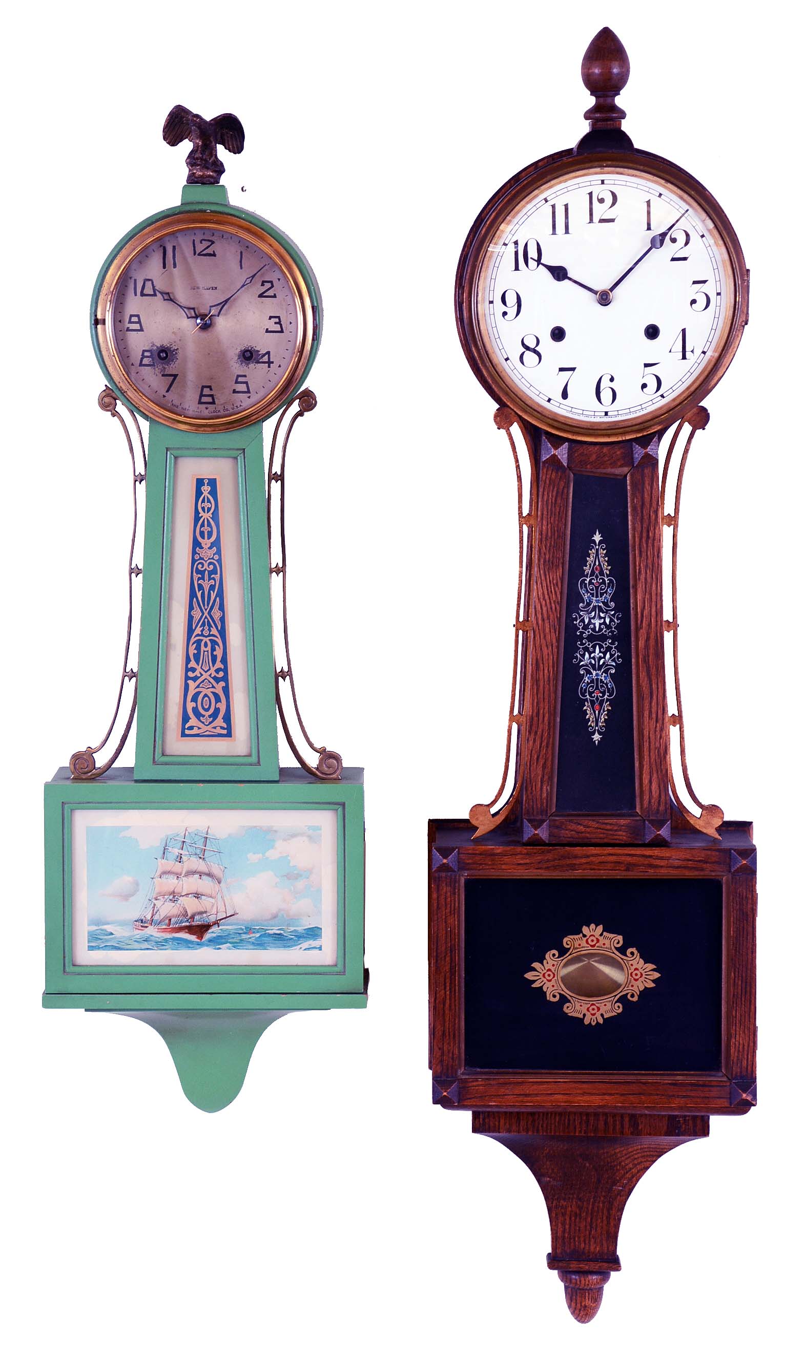 Clocks- 2 (Two): (1) New Haven Clock Co., New Haven, Conn., "Whitney", 8 day, time and strike spring brass movement Patent or Banjo clock, c1932 (2) Waterbury Clock Co., Waterbury, Conn., "Willard No. 1", 8 day, time and strike spring brass movement Patent or Banjo clock. This model was also offered with a weight movement, c1906 — Antique Clocks Price Guide