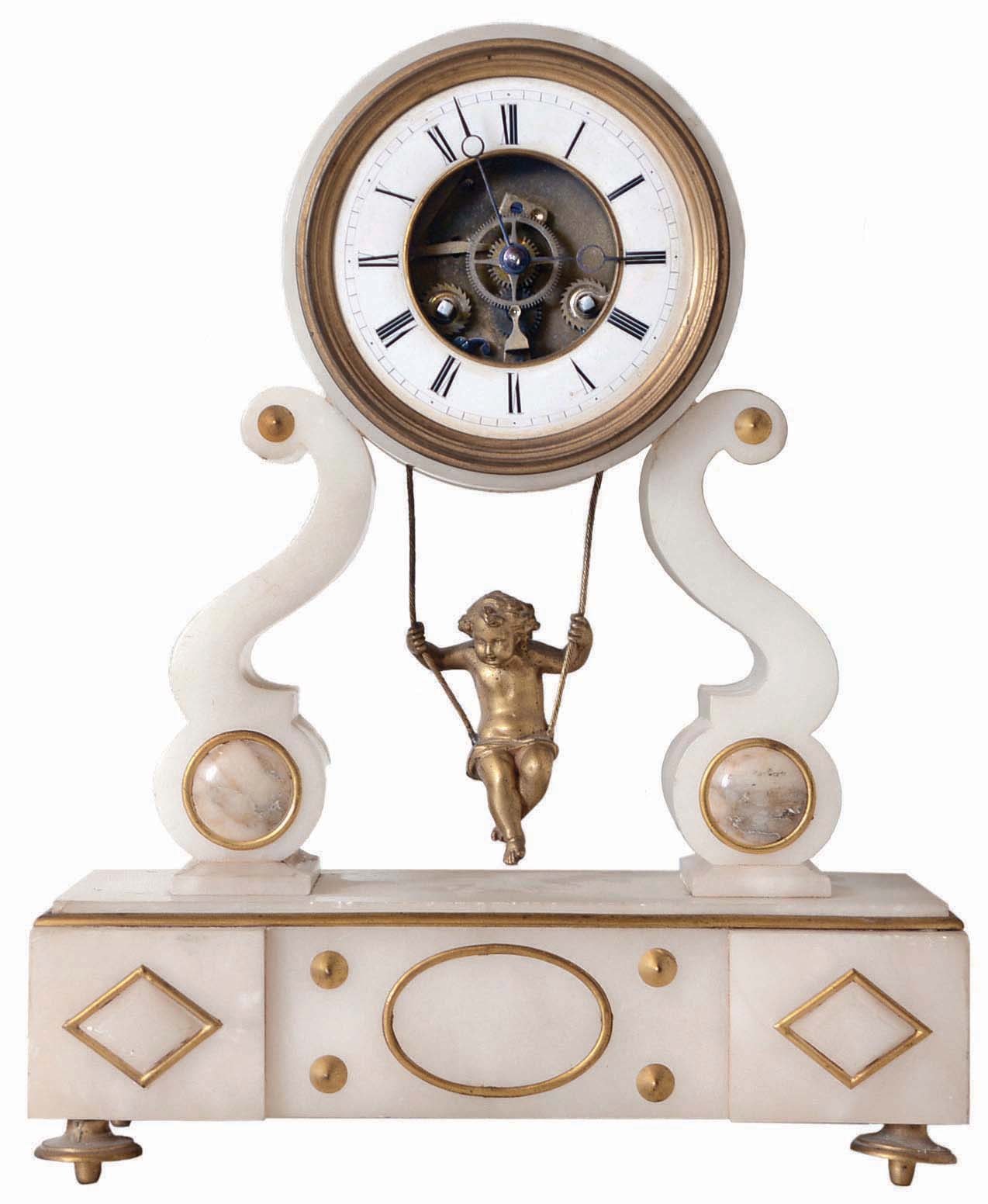 French "Swinging Cupid" 8 day time and strike shelf clock, white alabaster case with marble and brass accents and feet. Japy Fils movement, 1844, 149 and 1855 medailles, with double escape wheel and "chaff cutter" escapement. — Antique Clocks Price Guide