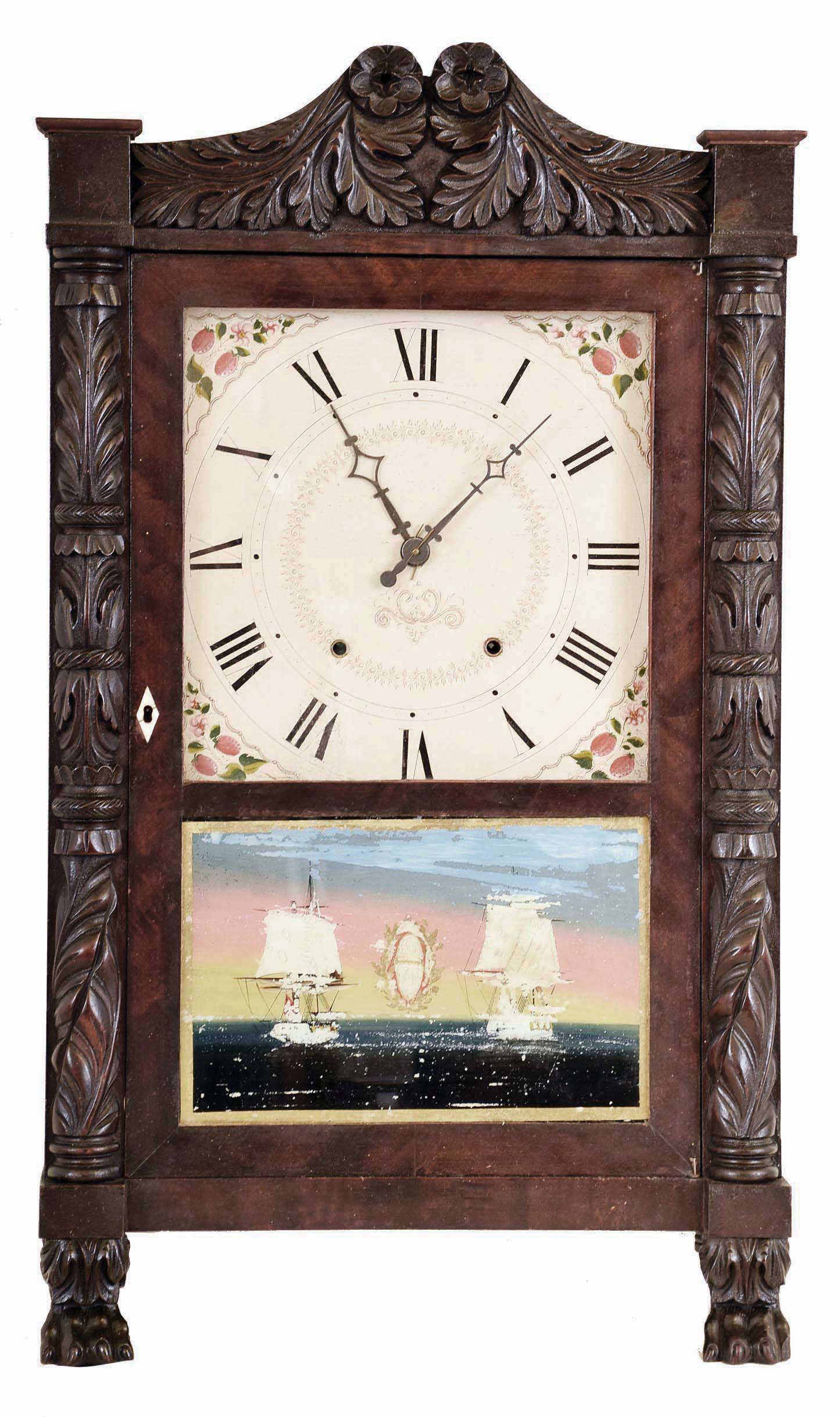 Seth Thomas Clock Co., Plymouth Conn., 30 hour, time and strike weight wood movement carved column &amp; splat shelf clock. This clock lacks a label and is attributed to Thomas by the movement in the case. — Antique Clocks Price Guide