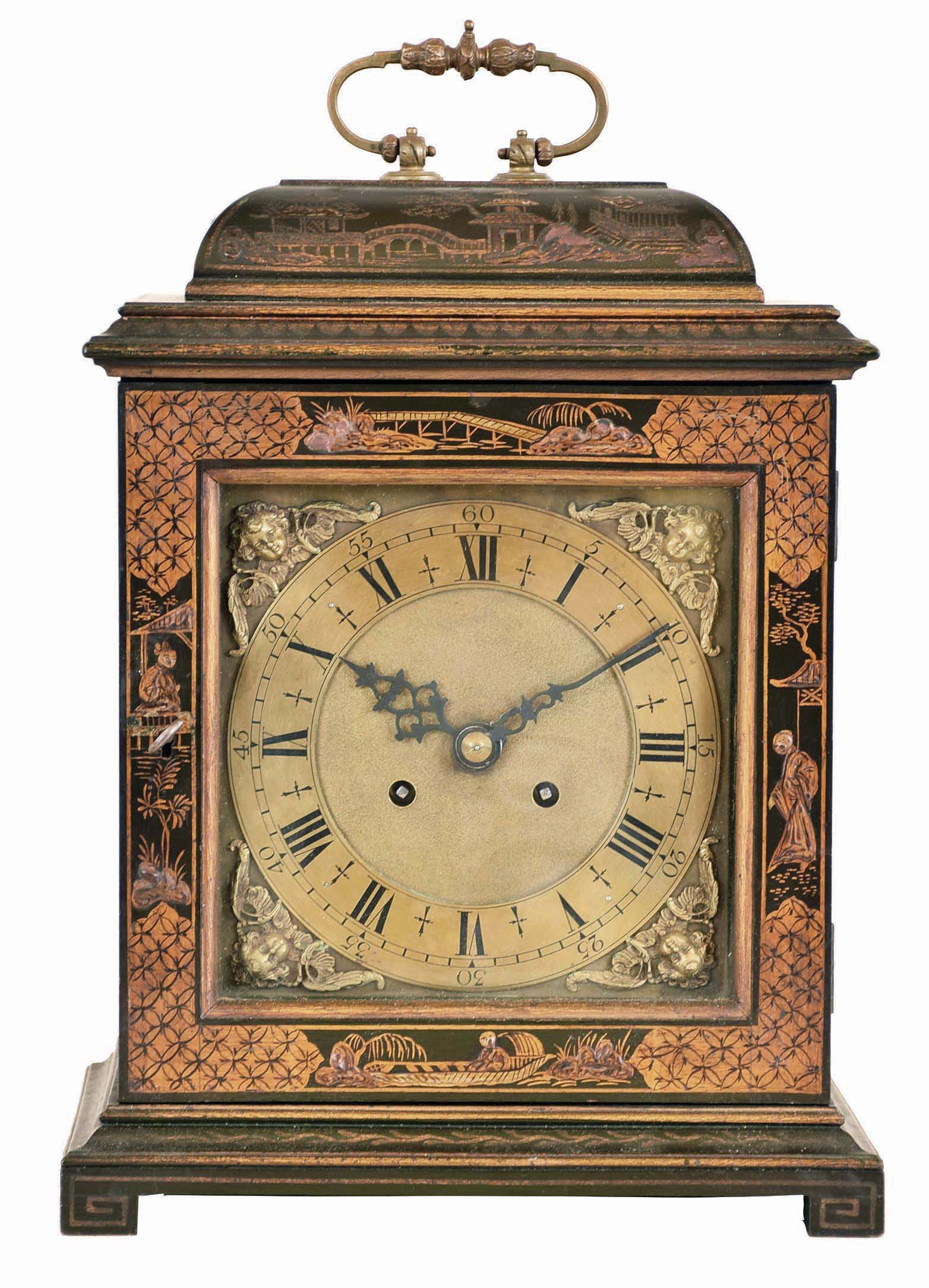 German, 8 day, time and strike spring brass movement lacquered oriental design bracket clock. — Antique Clocks Price Guide