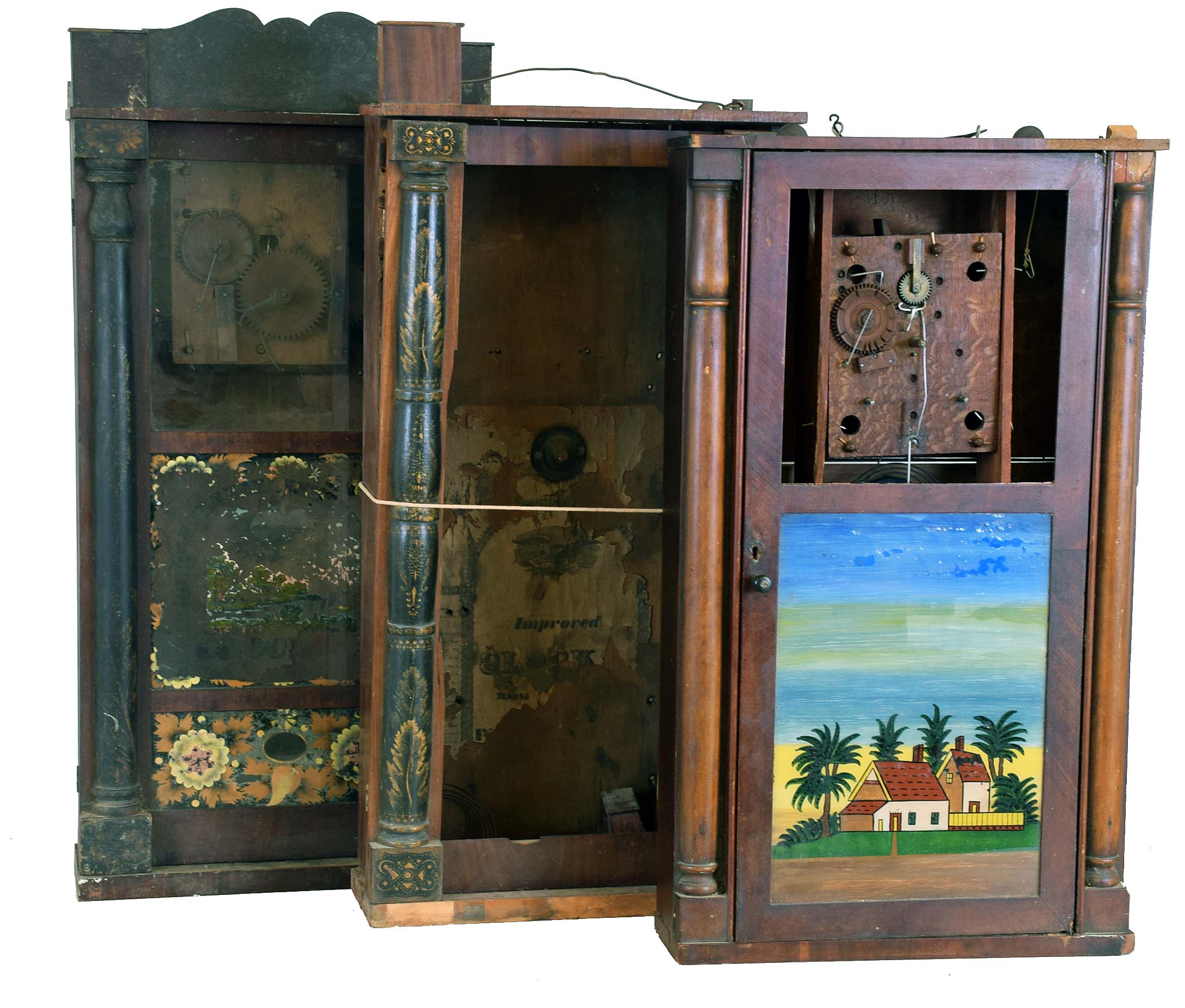 Clocks- 5 (Five): (1) Seth Thomas. Plymouth, Conn. Half Column and Splat shelf clock with a 30 hour weight driven time and strike wooden works movement, c1830. (2) Unidentified short Wooden works carved column case only, c1830. (3) Silas Hoadley, Plymouth, Conn. Column and Splat case (only) with pillar &amp; scroll feet, c1830. (4) Unidentified wooden works stenciled column case only, c1830. (5) Jerome, Darrow &amp; Co., Bristol, Conn., stenciled Column and Splat shelf clock with a 30 hour weight driven time and strike groaner movement in a mahogany case, c1830, — Antique Clocks Price Guide
