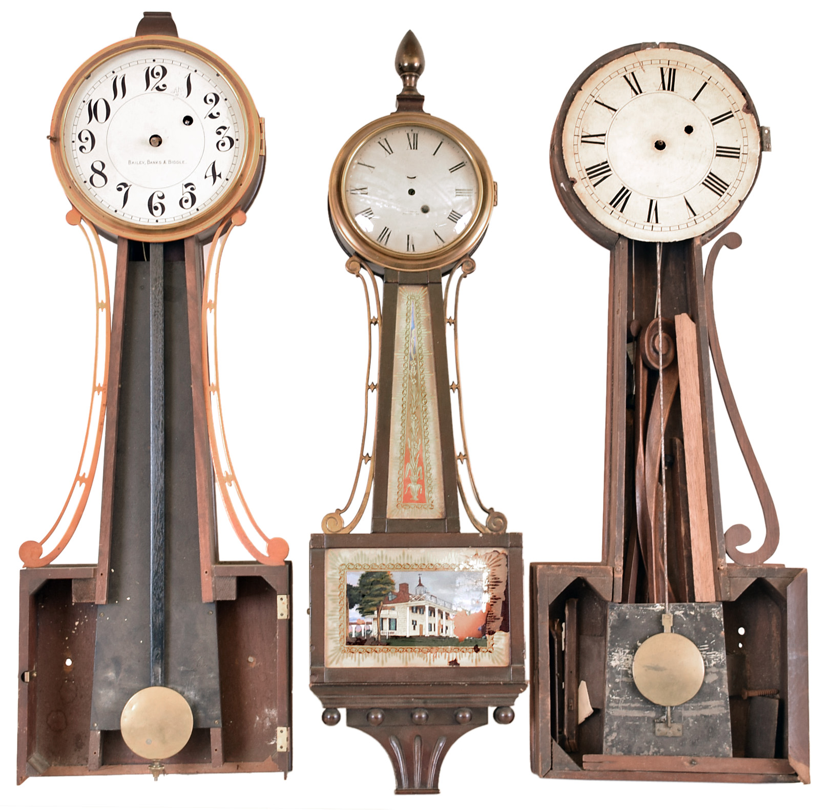 Clocks- 5 (Five) for restoration or parts: (1) Tift Banjo Clock, N. Attleboro, Mass., with a 8 day weight driven timepiece movement, c1840. (2) Waltham Clock Co, Waltham, Mass. Banjo clock with an 8 day weight driven timepiece movement, c1930. (3) Banjo case c1930. (4) Banjo case c1930, likely a Waltham. (5) New Haven Clock Co., New Haven, Conn. Banjo clock case. — Antique Clocks Price Guide