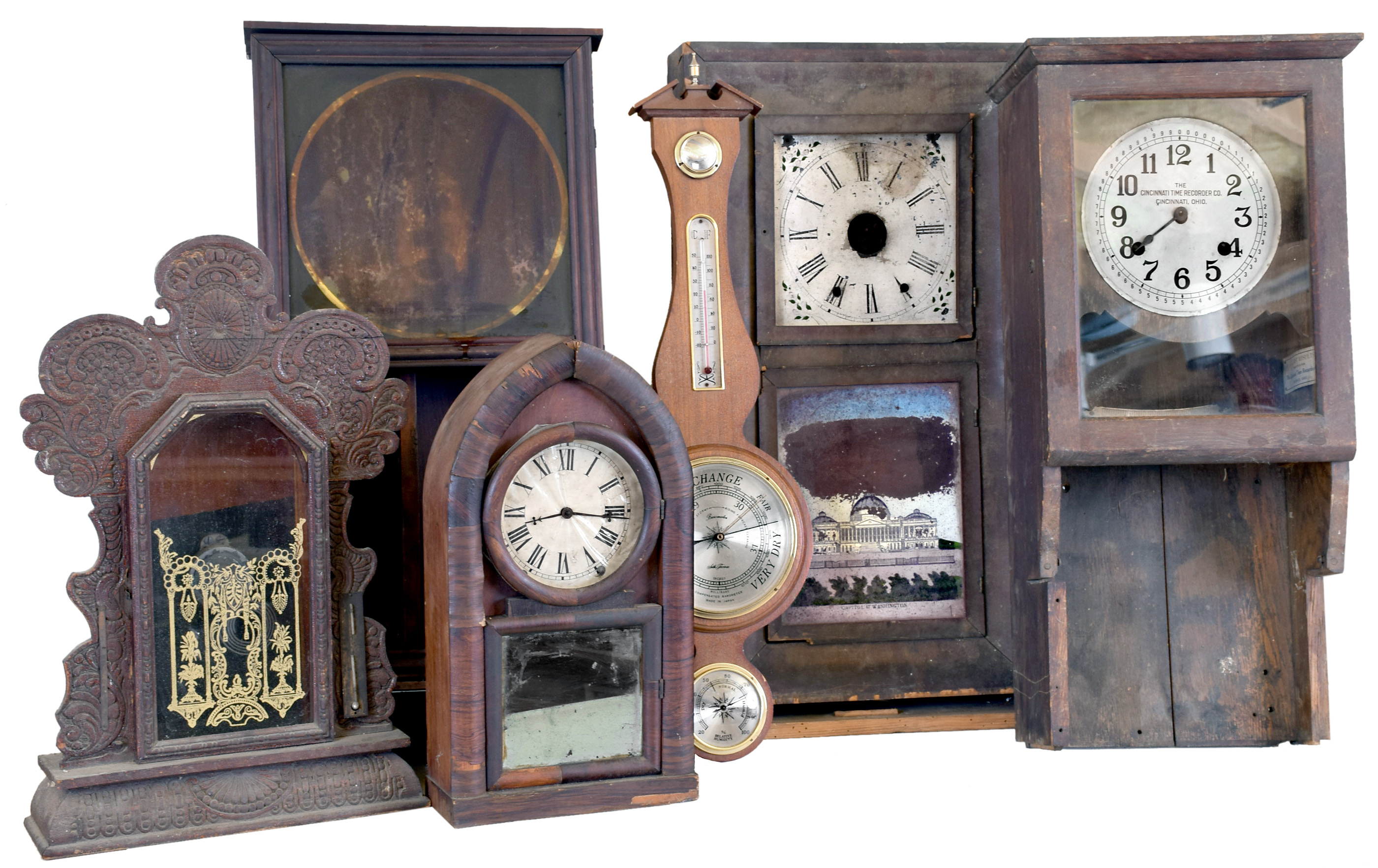 Clocks- 6 (Six): (1) Wm. L. Gilbert Clock Co., Winsted, CT, "University" wall hanging clock with an 8day timepiece movement, c1930. (2) New Haven Clock Co., New Haven, Conn. OG shelf clock with a weight driven 8 day time and strike movement, c1870. (3) Unidentified Beehive clock with an 8 day spring driven time and strike movement in a rosewood veneer case, c1870. (4) E. Ingraham &amp; Co., Bristol, Conn. "Gila" shelf clock case only, c1900. (5) Cincinnatti Time Recording Co., Cincinnati OH "Time Recording Clock" in an oak case with a spring driven 15 day Seth Thomas timepiece movement, c1920. (6) Seth Thomas Clock Co., Thomaston, Conn. "Weathervane II" thermometer, barometer and hygrometer, c1980 — Antique Clocks Price Guide
