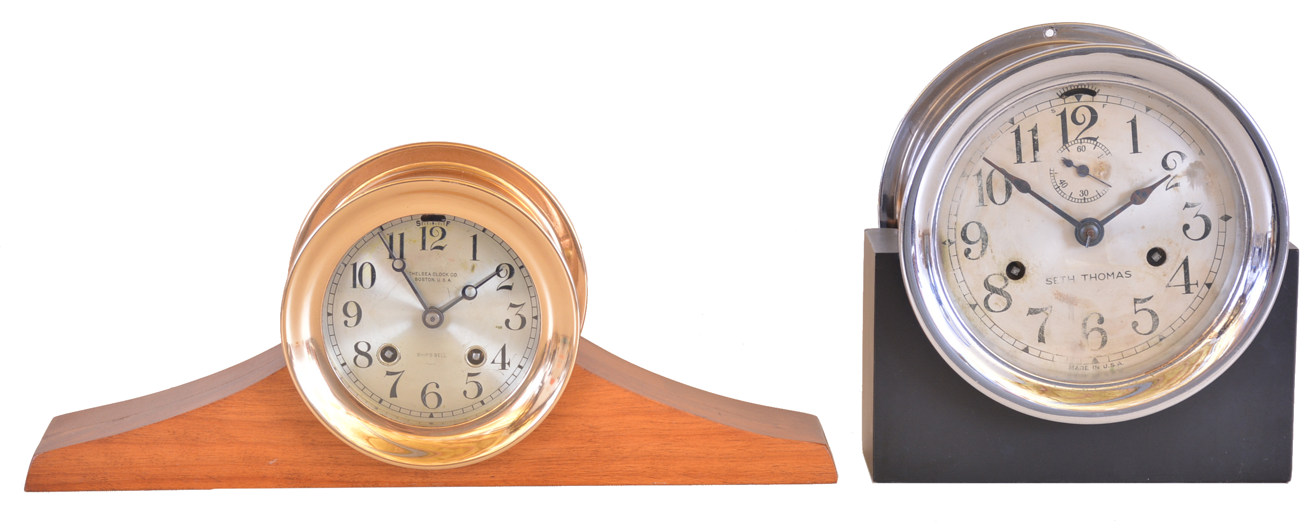 Clocks- 2 (Two): (1) Seth Thomas Clock Co., Thomaston, Conn., "Merrimac", 30 hour, spring brass lever movement Ship's Bell strike wall clock, c1935 (2) Chelsea Clock Co., Boston, Mass., 8 day, spring brass lever movement Ship's Bell strike clock, c1907, Serial No. 24840 — Antique Clocks Price Guide