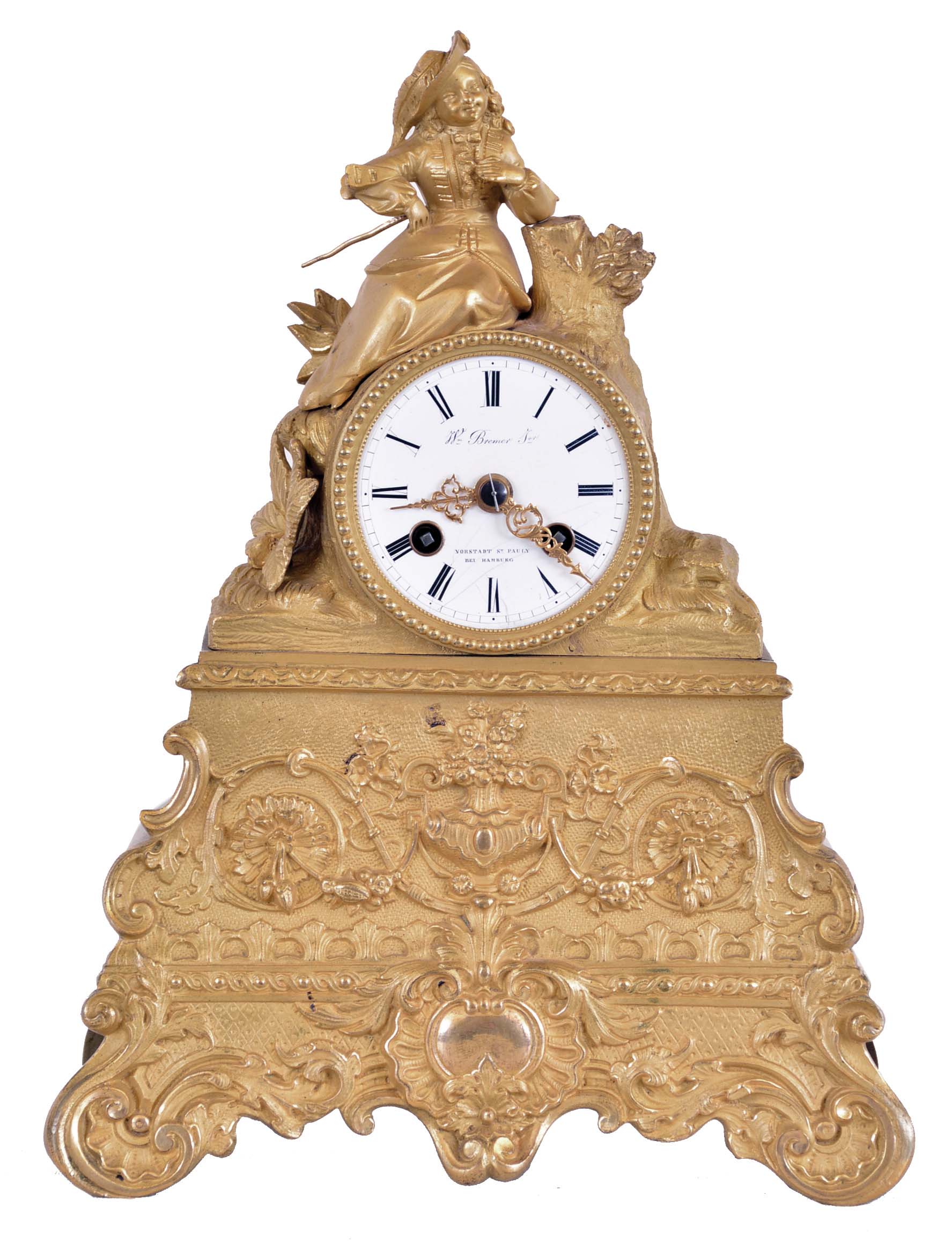 French, 8 day, time and strike spring brass movement with silk thread suspension ormolu figural mantel clock. Dial is marked with a retailer's name: "W. Bremmer, Yorstadt St Pauly Bei Hamburg". — Antique Clocks Price Guide