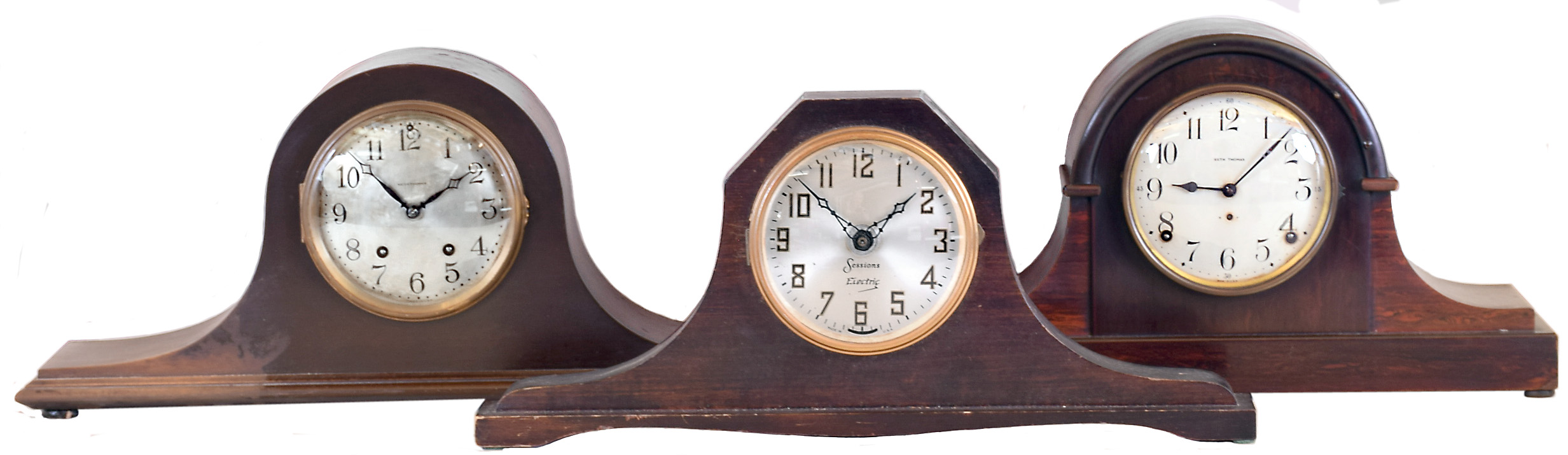 Clocks- 3 (Three) Connecticut wood tambour mantel clocks: 2 Seth Thomas 8 day time and strike; Sessions plug- in electric — Antique Clocks Price Guide