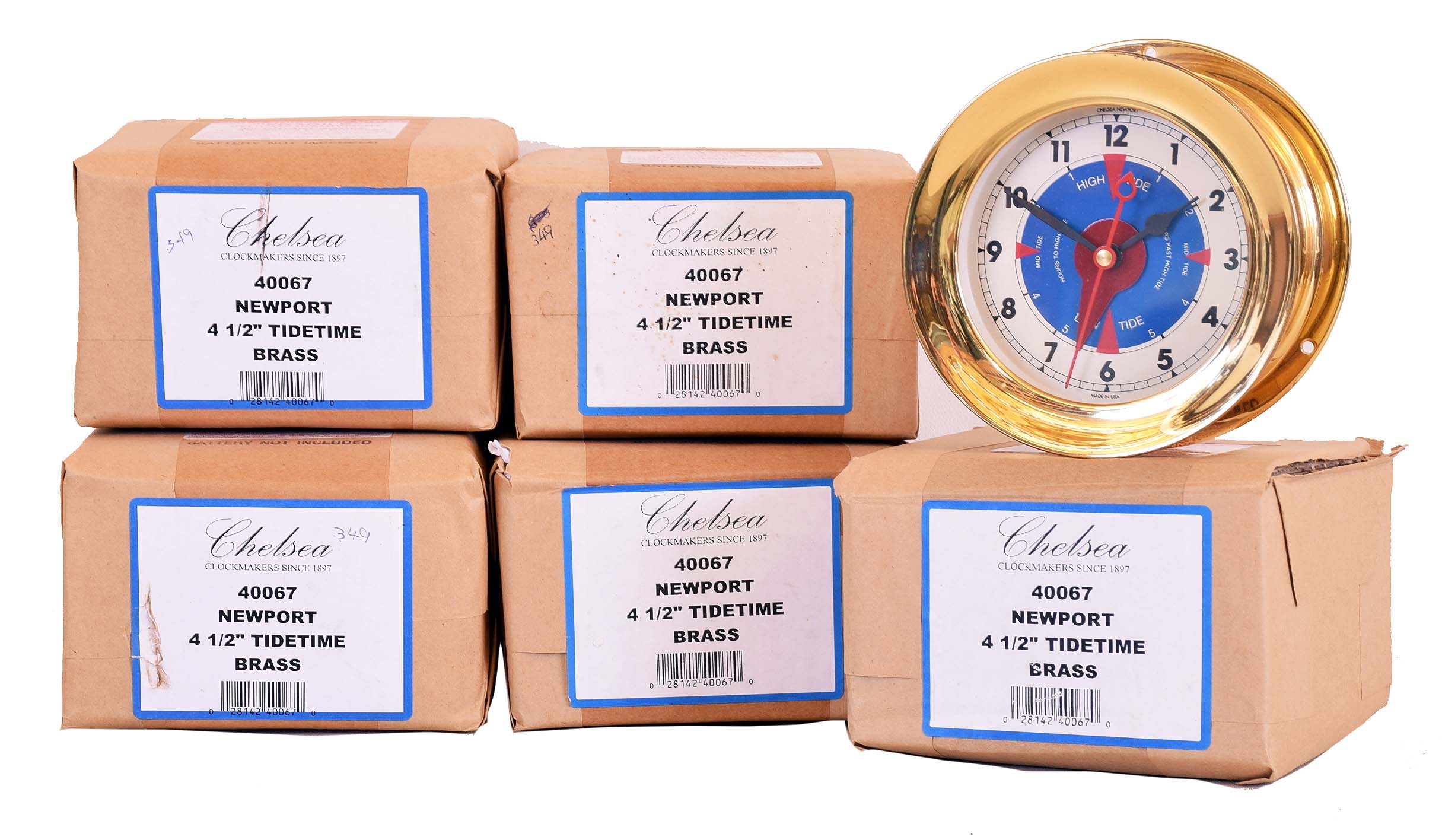 Clocks- 5 (Five) Chelsea Clock Company Model 40067 "Newport 4 1/2" Tidetime Brass" quartz movement hanging clocks, new / old stock — Antique Clocks Price Guide