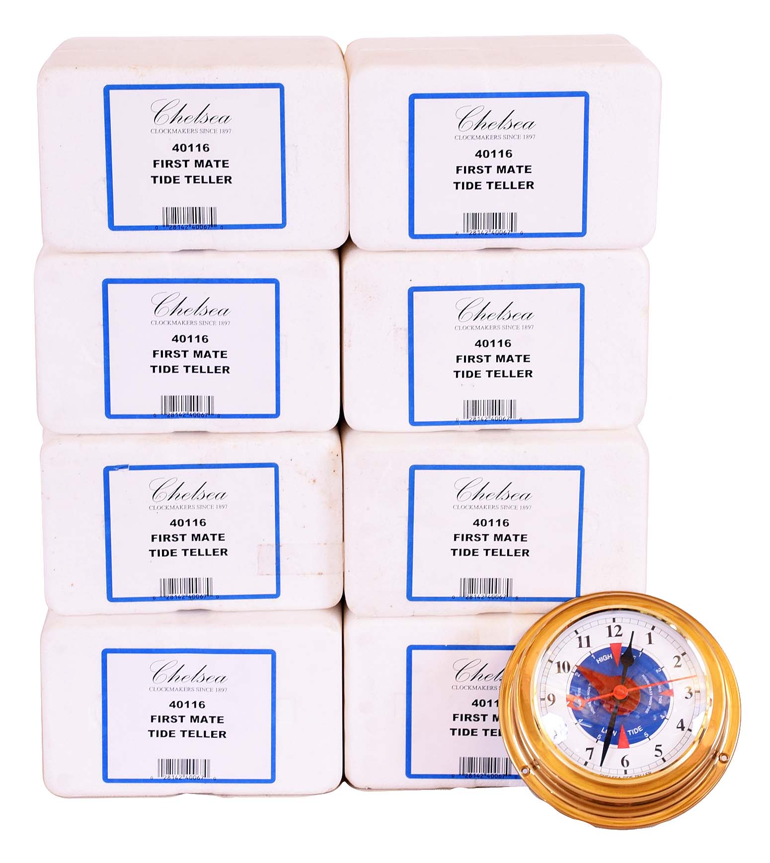 Clocks- 9 (Nine) Chelsea Clock Company Model 40116 "First Mate Tide Teller" brass quartz movement hanging clocks, new / old stock — Antique Clocks Price Guide