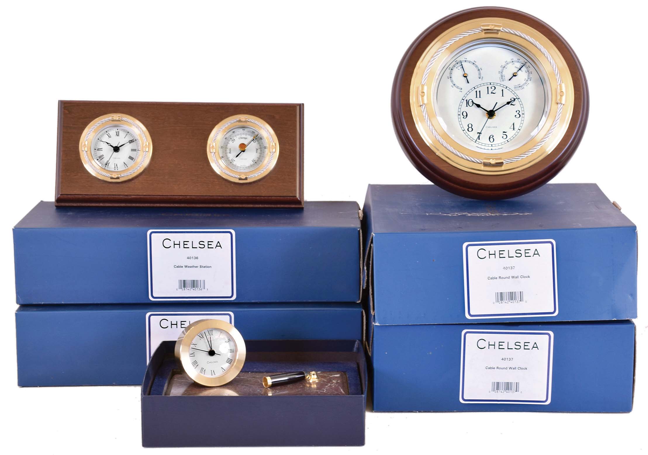 Clocks- 5 (Five) Chelsea Clock Company quartz movement clocks and desk sets, new / old stock in factory gift boxes: two #40- 137 "Cable Round Wall Clock"; desk set with pen on marble base; two #40136 "Cable Weather Station" with barometer on wood stand — Antique Clocks Price Guide