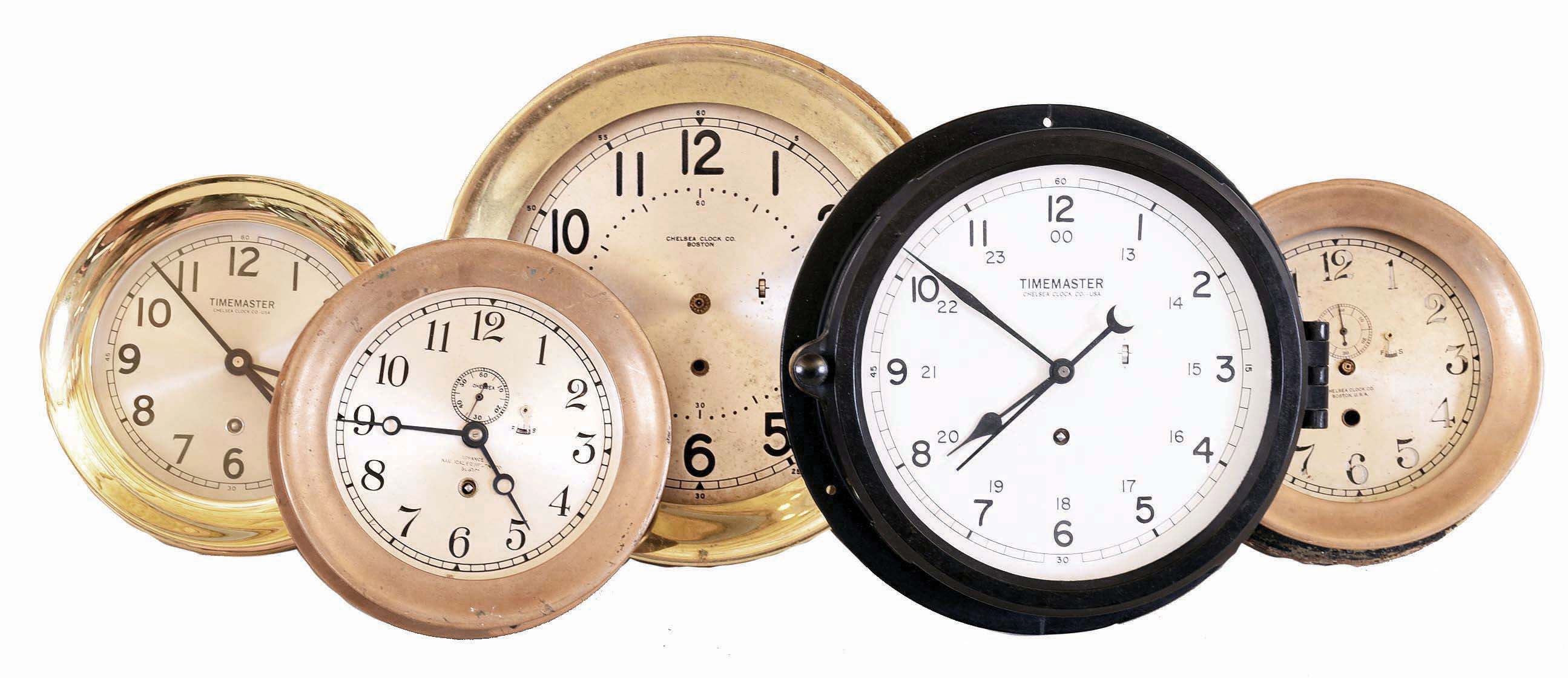Clocks- 5 (Five) Chelsea Clock Company 8 day time only round wall clocks: "Timemaster" 8" in black phenolic hinged case, #878224; 6" with no hands, #70159; 6" dial signed "Advanced Nautical Equipment Co, Boston", #223852; 8.5" hinged, no hands, #621509; "Timemaster" 6" hinged bezel #878222 — Antique Clocks Price Guide