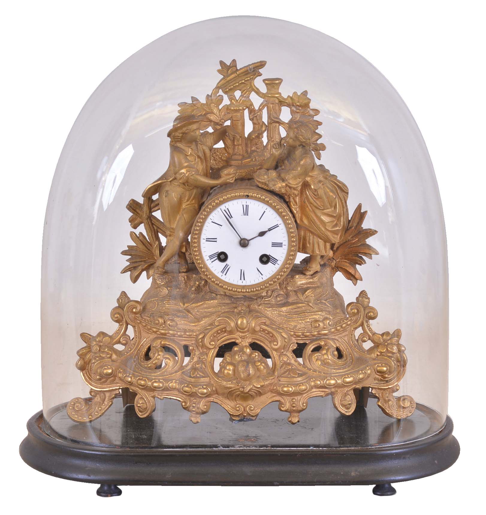 French, 8 day time and strike spring brass movement figural clock under a dome. — Antique Clocks Price Guide