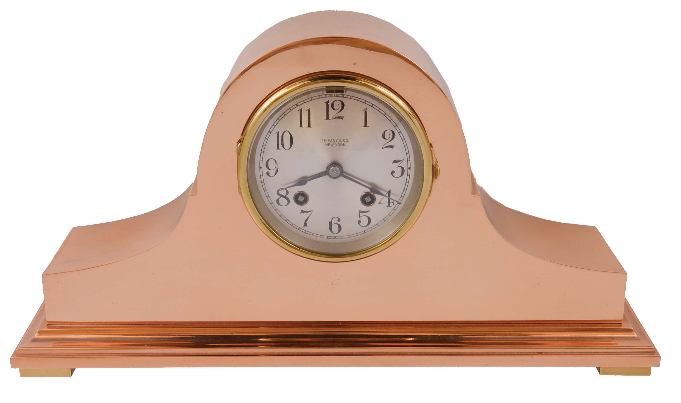 Chelsea Clock Co., Boston, Mass., 8 day, time and house strike spring brass movement tambour style brass case mantel clock retailed by Tiffany &amp; Co., New York. Serial No. 162930, 1924 — Antique Clocks Price Guide