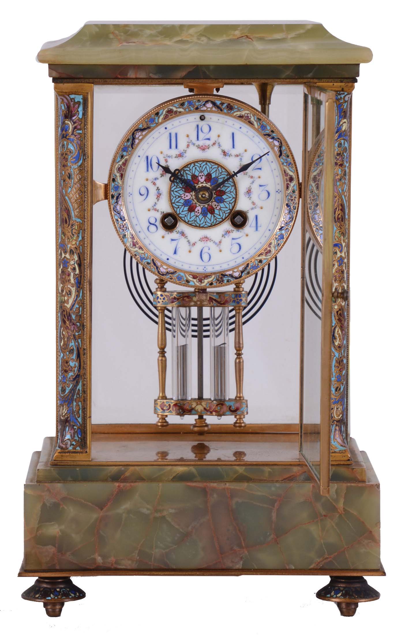 French, Marti &amp; Cie, 8 day, time and strike spring brass movement onyx and cloisonne crystal regulator. — Antique Clocks Price Guide