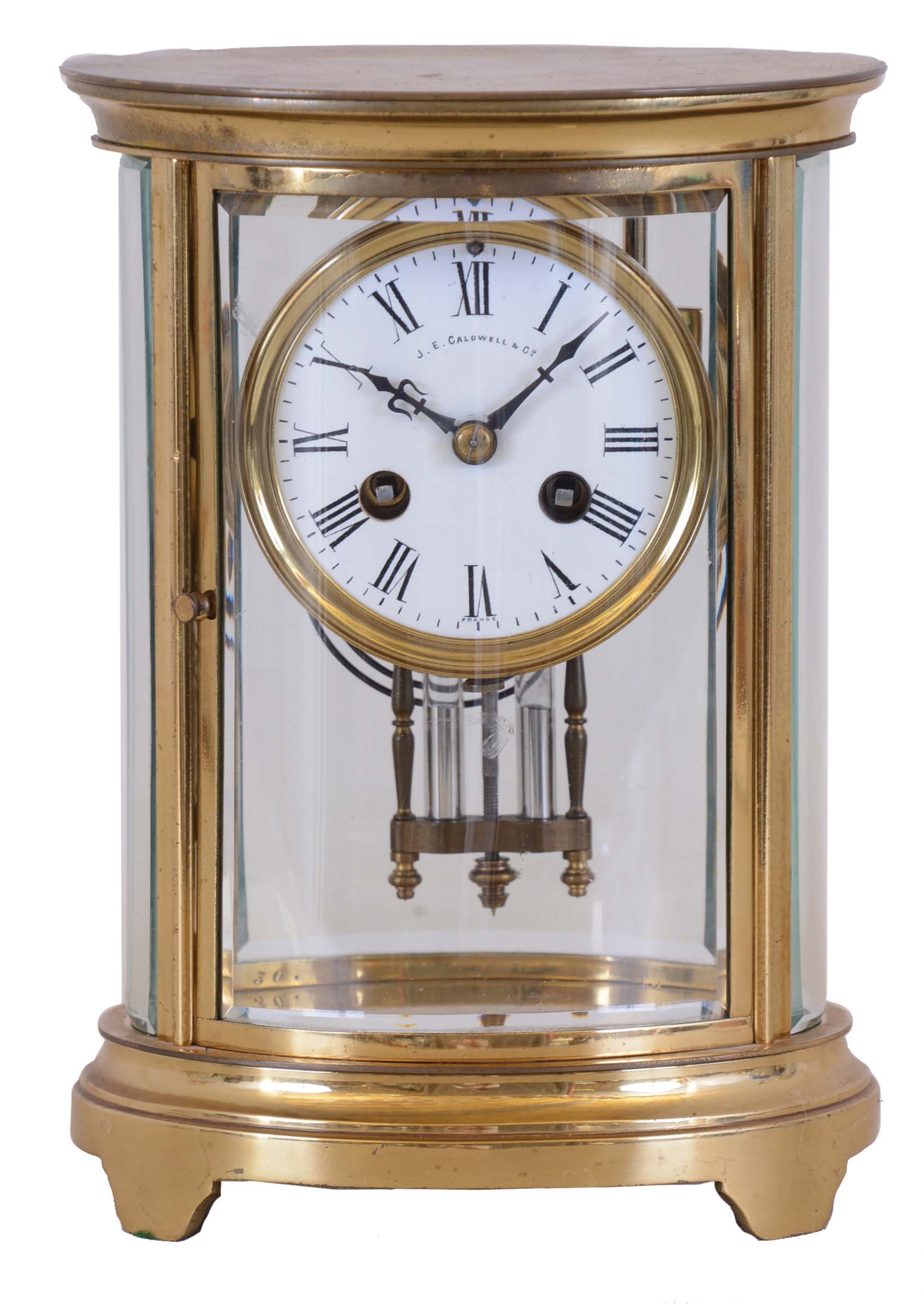 French, CH. Hour, 8 day, time and strike spring brass movement crystal regulator in oval case retailed by J.E. Caldwell &amp; Co. — Antique Clocks Price Guide